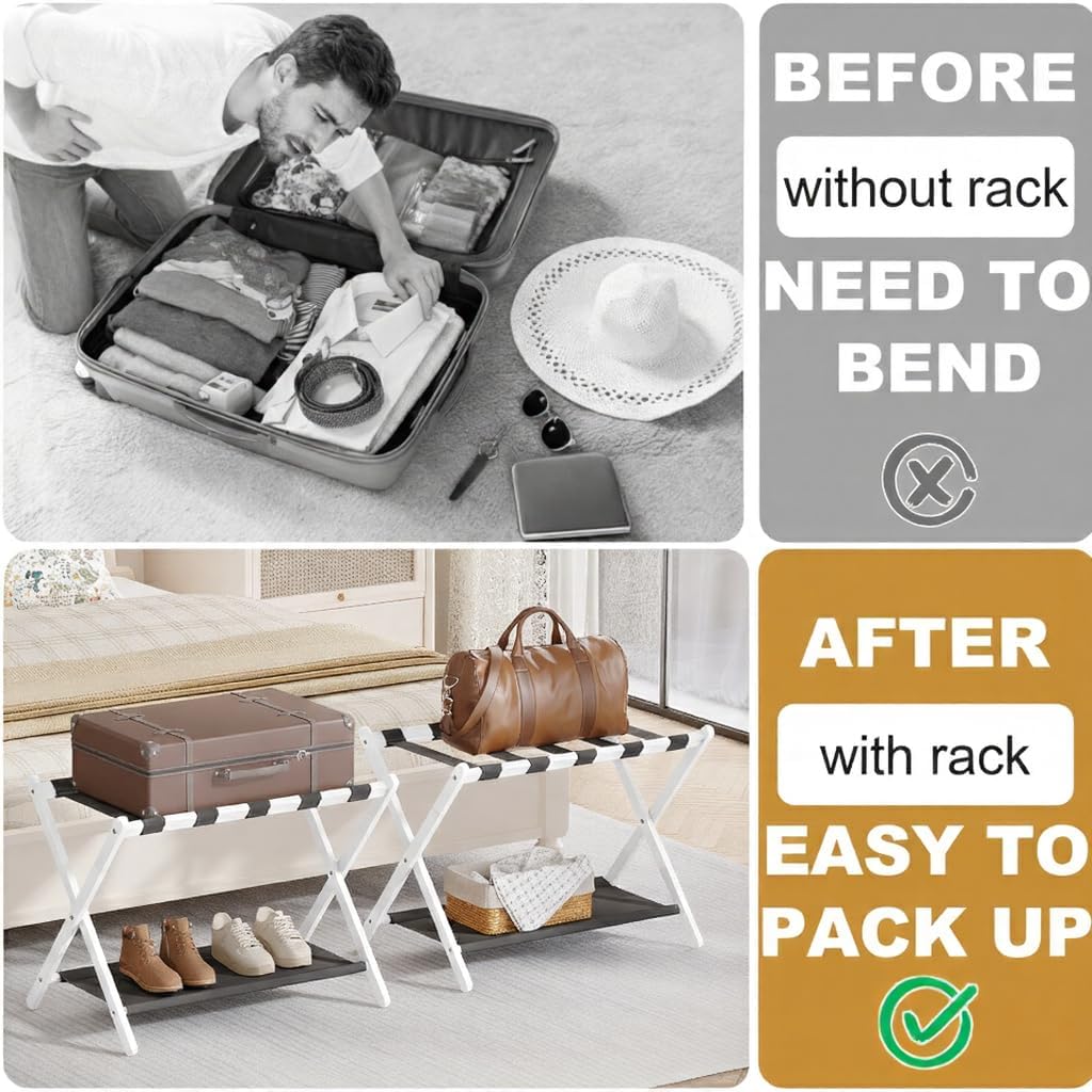 Bamboo Luggage Rack for Guest Room, 26.77" Folding Wide Suitcase Stand with Fabric Storage Shelf, Thickened Luggage Stand Holder for Bedroom Hotel, Luggage Rack for Suitcases (1 Pack - White)