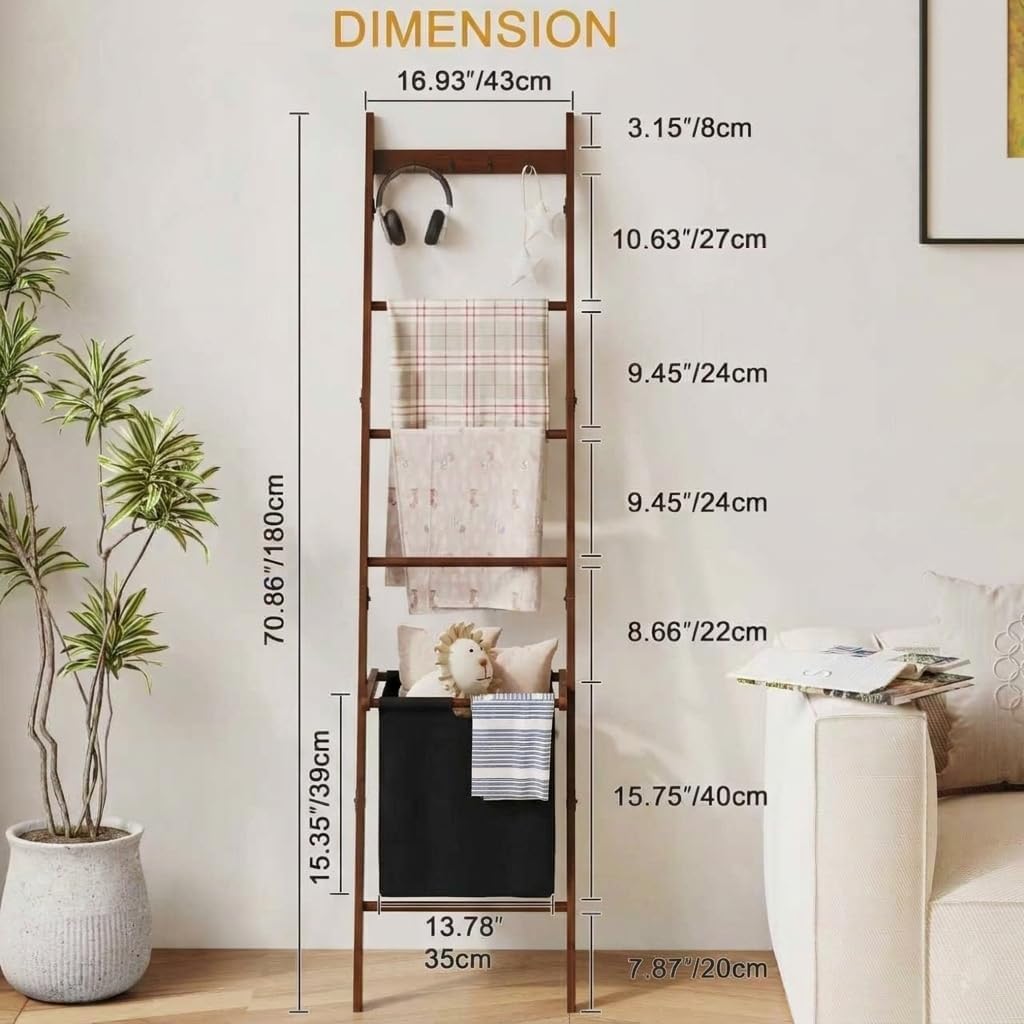 5-Tier Bamboo Blanket Ladder with Storage Basket - Wall-Leaning Quilt Rack & Towel Stand (Brown)