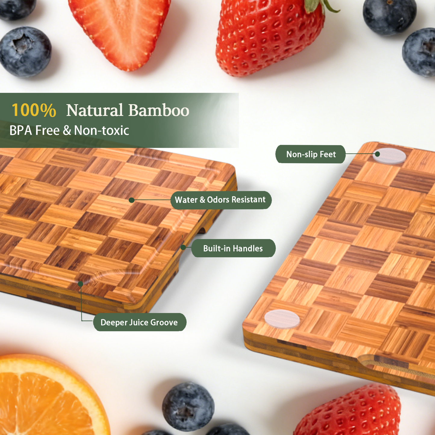 Bamboo Cutting Board 17" x 12", Heavy Duty Checkered End Grain Butcher Block for Kitchen with Deep Juice Grooves and Handles for Meat, Cheese, Charcuterie and Dough