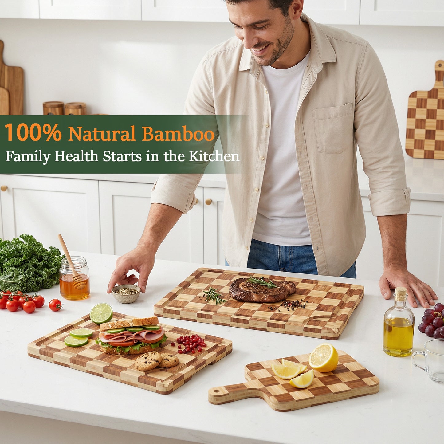Cutting Board,Heavy Duty Cutting Board Set of 3 with Stand,End Grain Butcher Block Cutting Boards for Kitchen with Juice Grooves and Handles for Meat, Cheese, Charcuterie and Serving