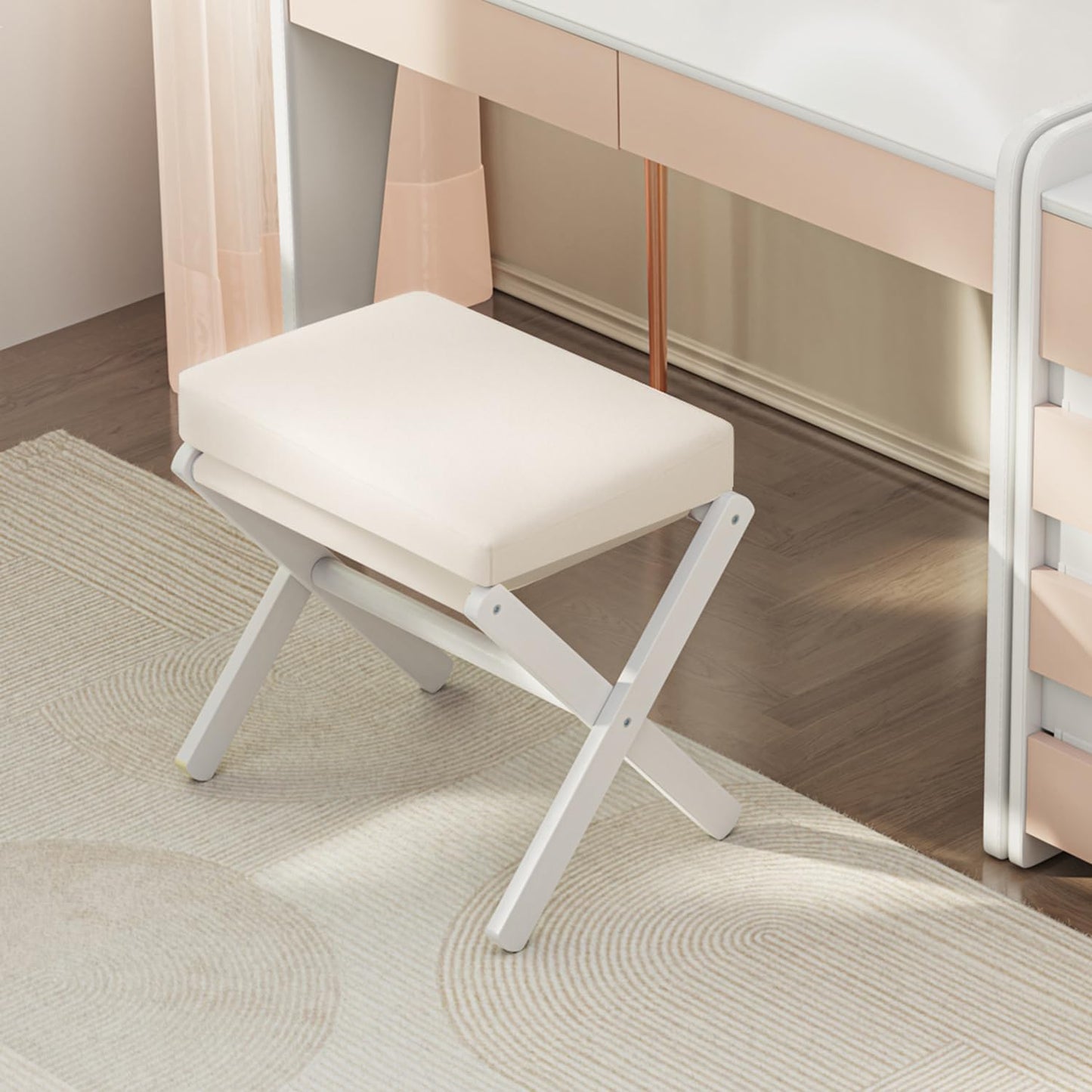 Foldable Foot Stool Ottoman, Modern Foot Rest with Bamboo X Legs & Thick Foam Cushion, Folding Foot Stools Small Padded for Bedroom Living Room, Footstool for Chair Couch (White - White)