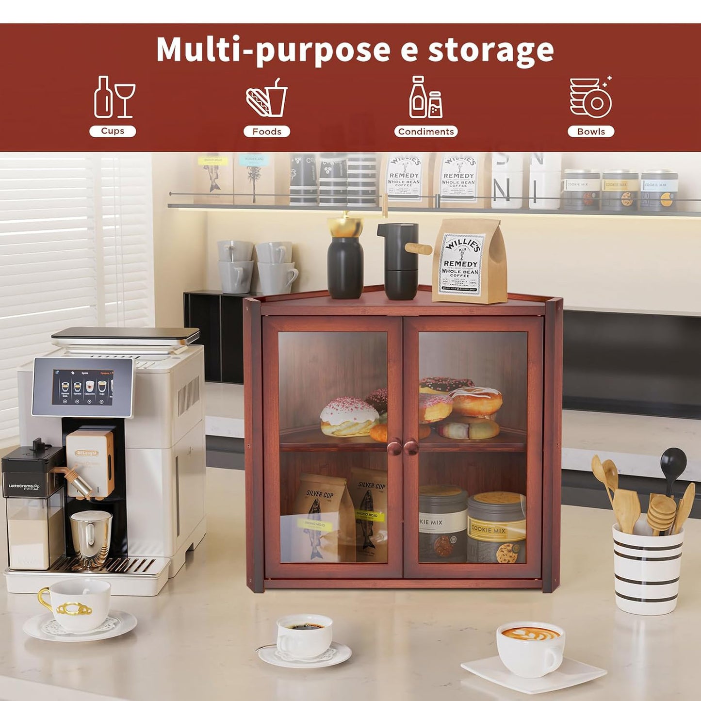 Bread Box, Double Layer Bamboo Bread Bin for Homemade Bread Bakers and Corner Kitchen Countertop with Double Doors, Not Suitable for Oversized Loaves, Brown