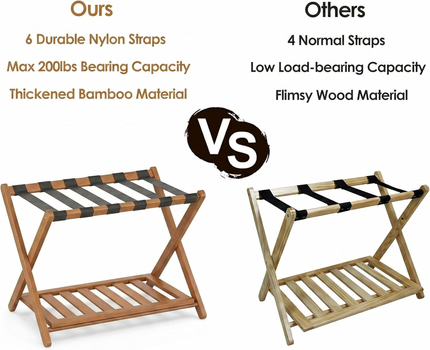 Bamboo Luggage Rack for Guest Room, Wide Suitcase Stand with Storage Shelf, Folding Luggage Stand Holder for Bedroom Hotel, 26.77" Thickened Luggage Rack for Suitcases, Tea brown
