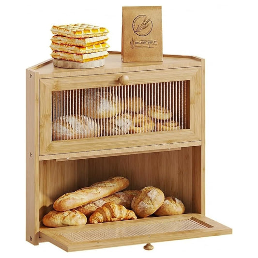 Corner Bread Box for Kitchen Countertop, Double Layer Bamboo Bread Storage Container with Wavy Windows, Farmhouse Large Bread Bin, Wooden Breadbox Holder for Homemade Bread (Natural)