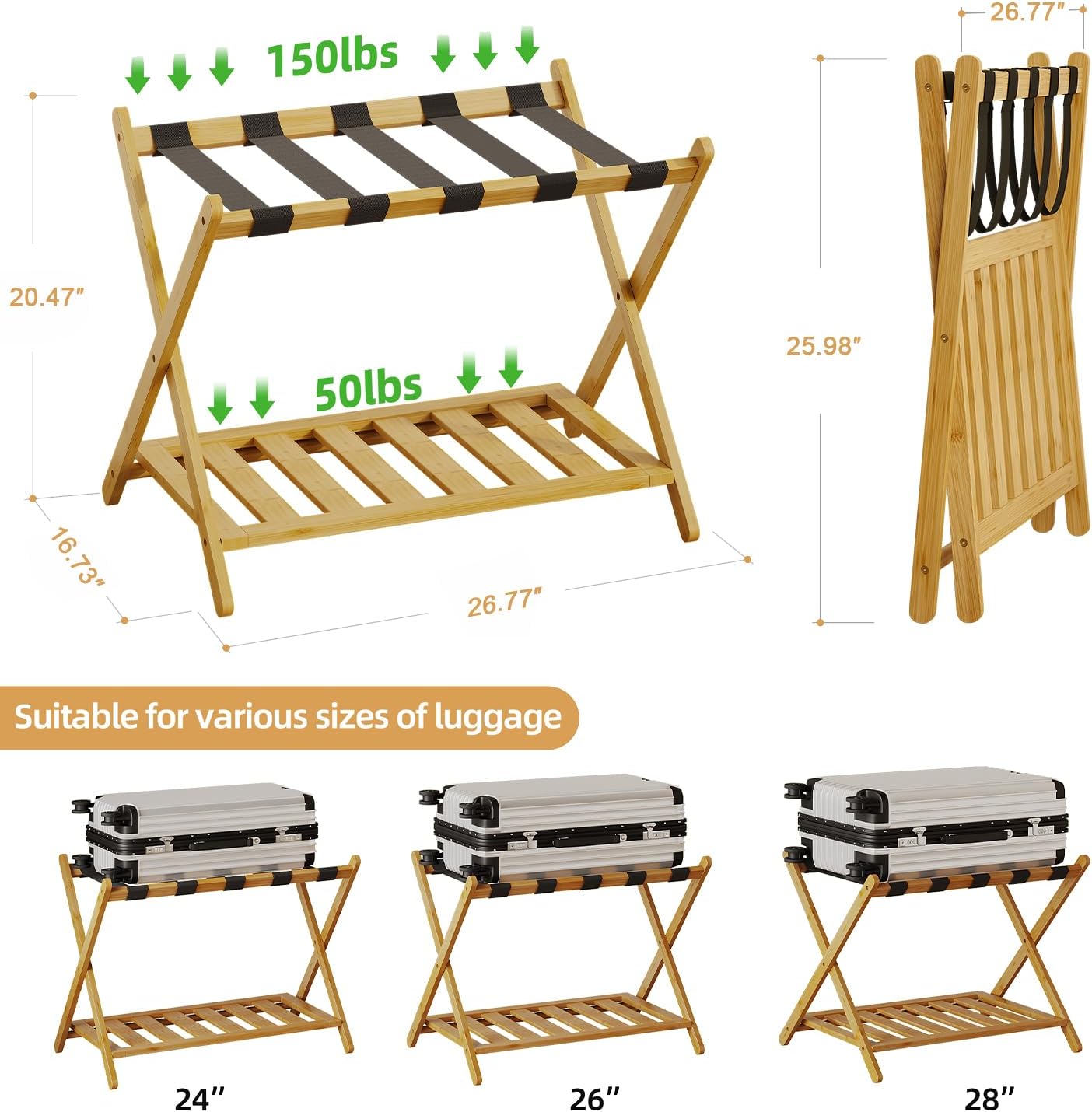 Full Assembled Luggage Rack Set of 2, Bamboo Luggage Holder Rack for Guest Room, 26.77" L Folding Suitcase Stand with 5 Nylon Straps & Storage Shelf for Bedroom Hotel (2 Pack - Natural)