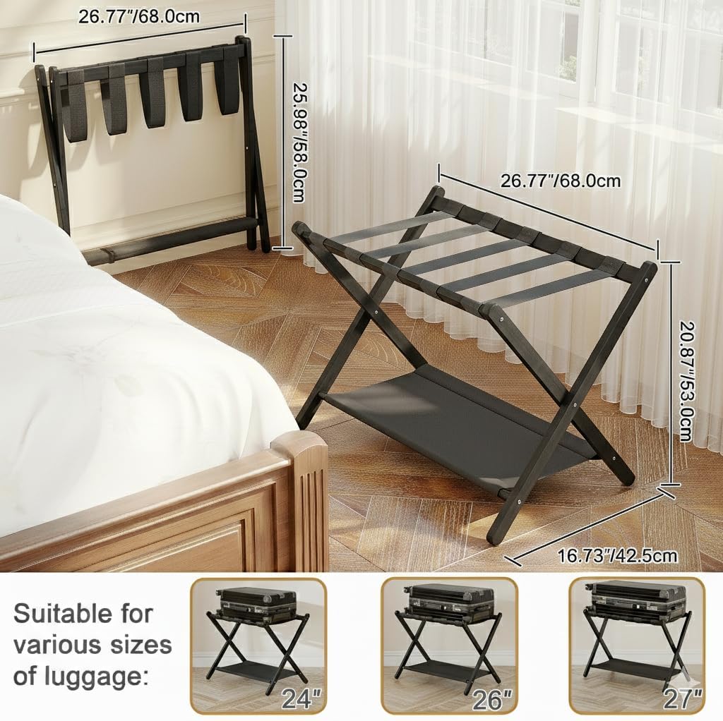 2 Pack Bamboo Luggage Rack for Guest Room, 26.77" Folding Wide Suitcase Stand with Fabric Storage Shelf, Thickened Luggage Stand Holder for Bedroom Hotel, Luggage Rack for Suitcases (2 Pack - Black)
