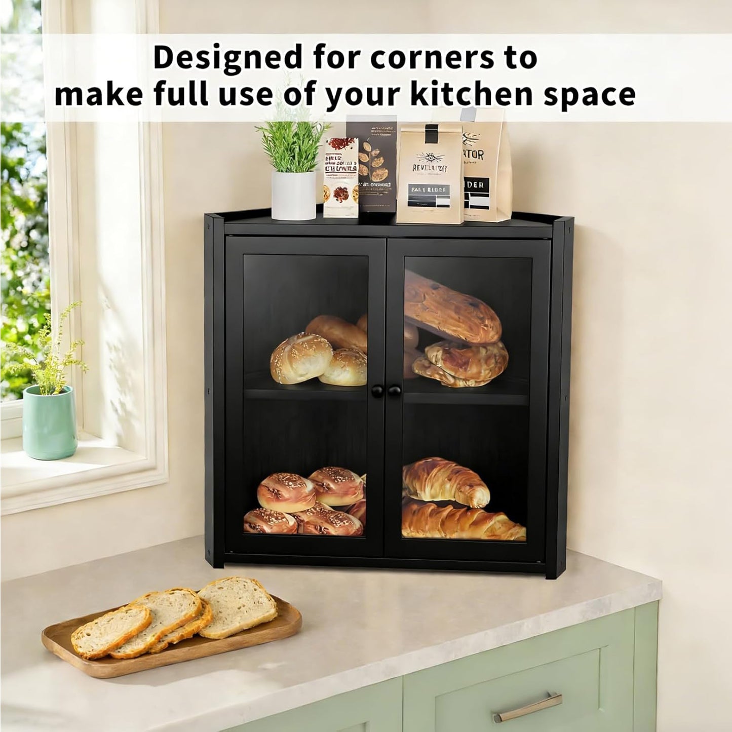 Bread Box, Double Layer Bamboo Bread Bin for Homemade Bread Bakers and Corner Kitchen Countertop with Double Doors, Not Suitable for Oversized Loaves, Black