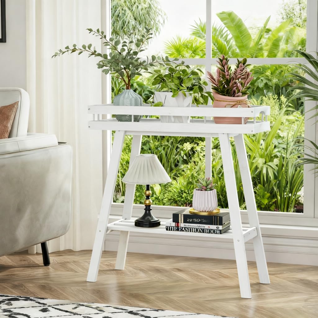 Bamboo Plant Stand Indoor, 2 Tier Small Plant Table, Tall Plant Stand for Indoor Plants, Window Sill Plant Shelf, Flower Pot Holder Plant Bench Plant Rack for Living Room, White
