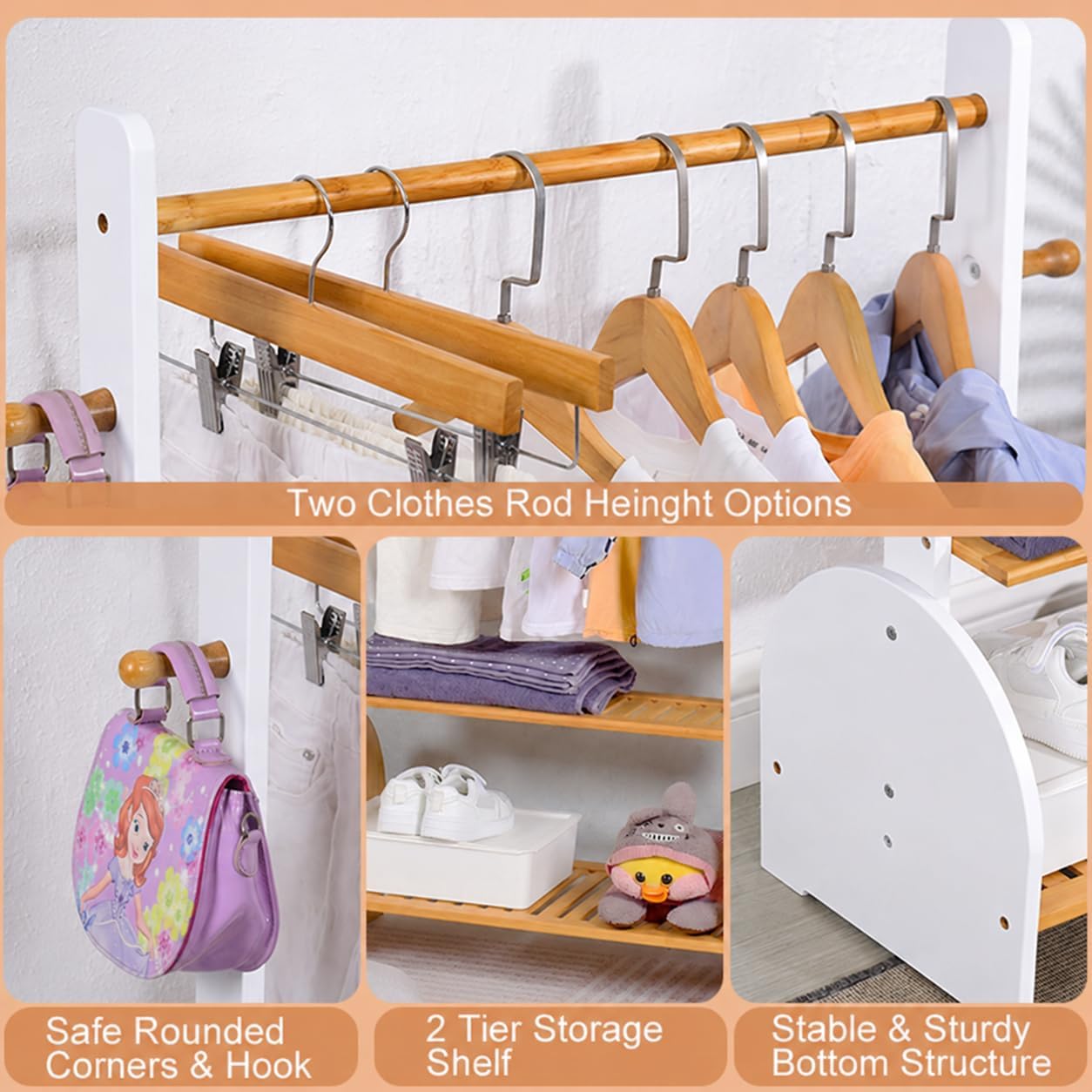Kids Clothing Rack with Adjustable Rods, Children Clothes Garment Rack for Kids Baby Pet, Kids Dress Up Rack with 2 Bottom Shelves, Kids Wardrobe Closet for Toddlers Nursery (White)