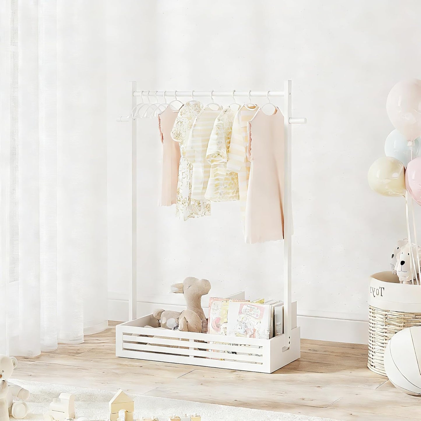 Kids Clothing Rack for Toddler, Pets Clothes Rack with Storage Box & Hanging Rod for Dogs/Cats, Baby Clothes Closet Stand for Nursery Room (White, Kids)