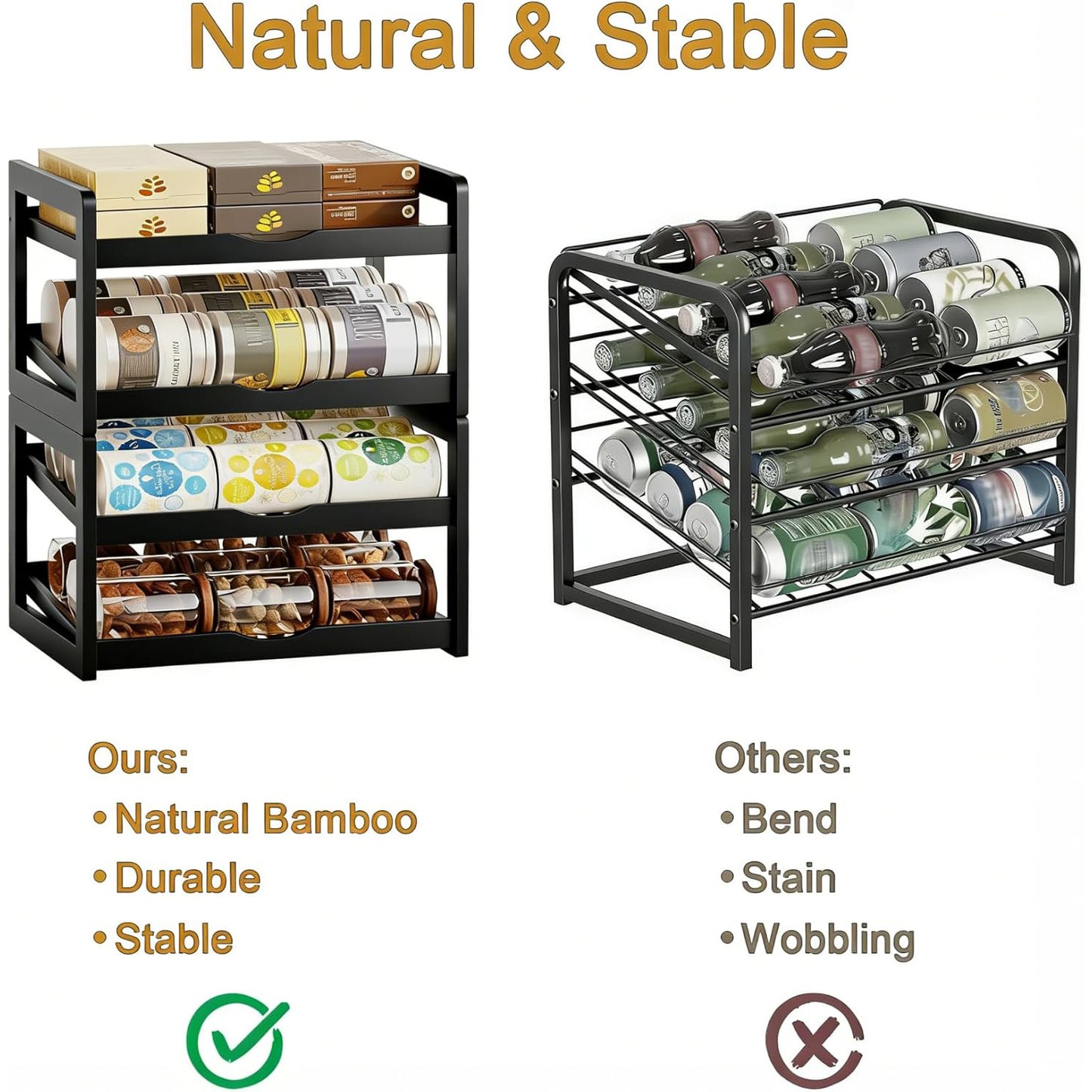 Can Organizer for Pantry, Detachable Bamboo 4 Tier Stackable Can Storage Rack, Rolling Soda Can Dispenser Can Holders for Cabinet, Holds Up to 48 Cans, Black
