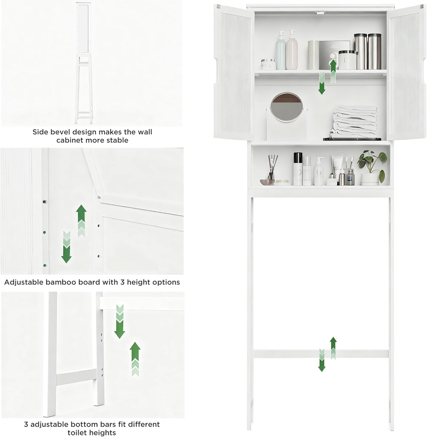 Over The Toilet Storage Cabinet, Bamboo Bathroom Over Toilet Storage Organizer with Adjustable Shelves and Double Doors, Above Toilet Storage Cabinet (White)