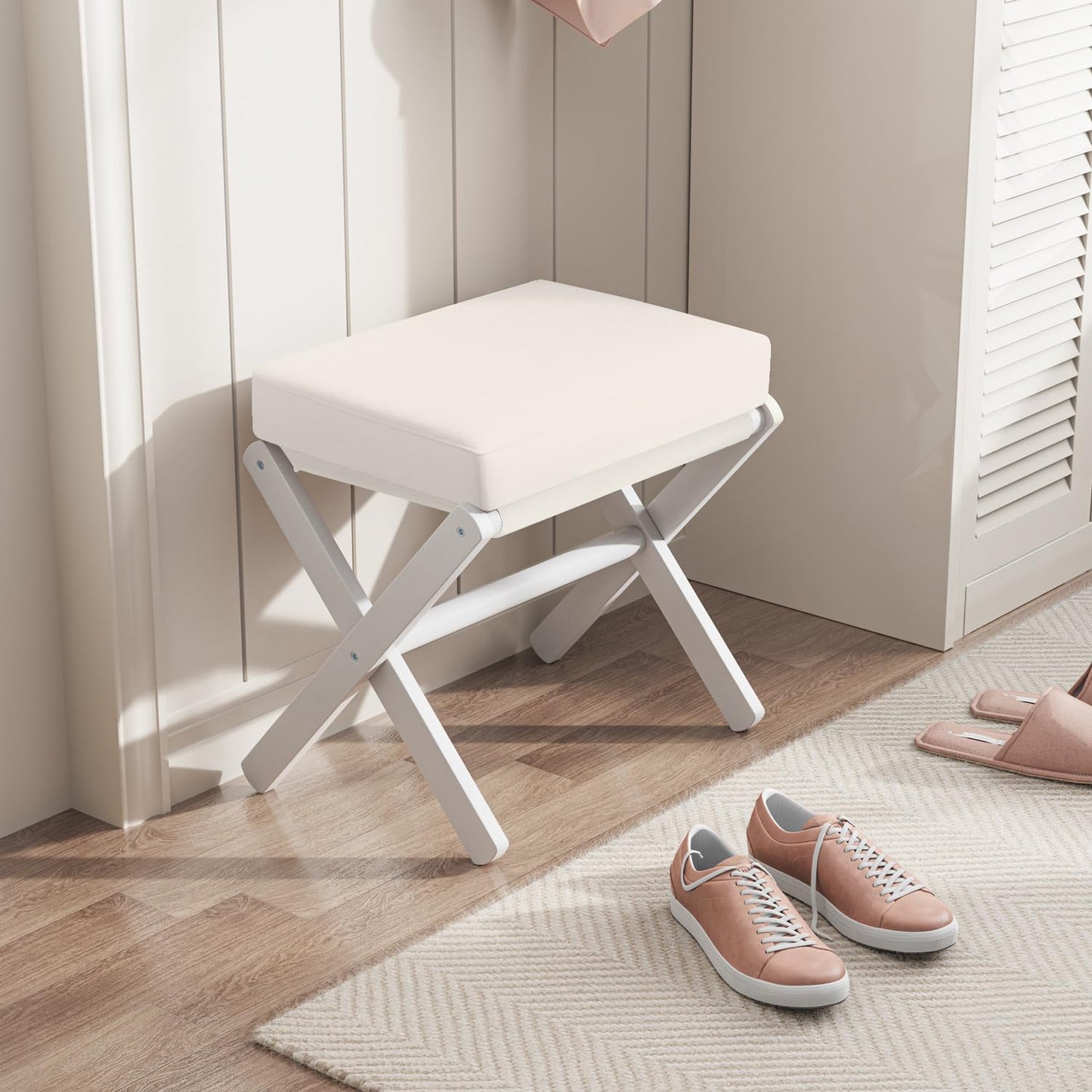 Foldable Foot Stool Ottoman, Modern Foot Rest with Bamboo X Legs & Thick Foam Cushion, Folding Foot Stools Small Padded for Bedroom Living Room, Footstool for Chair Couch (White - White)