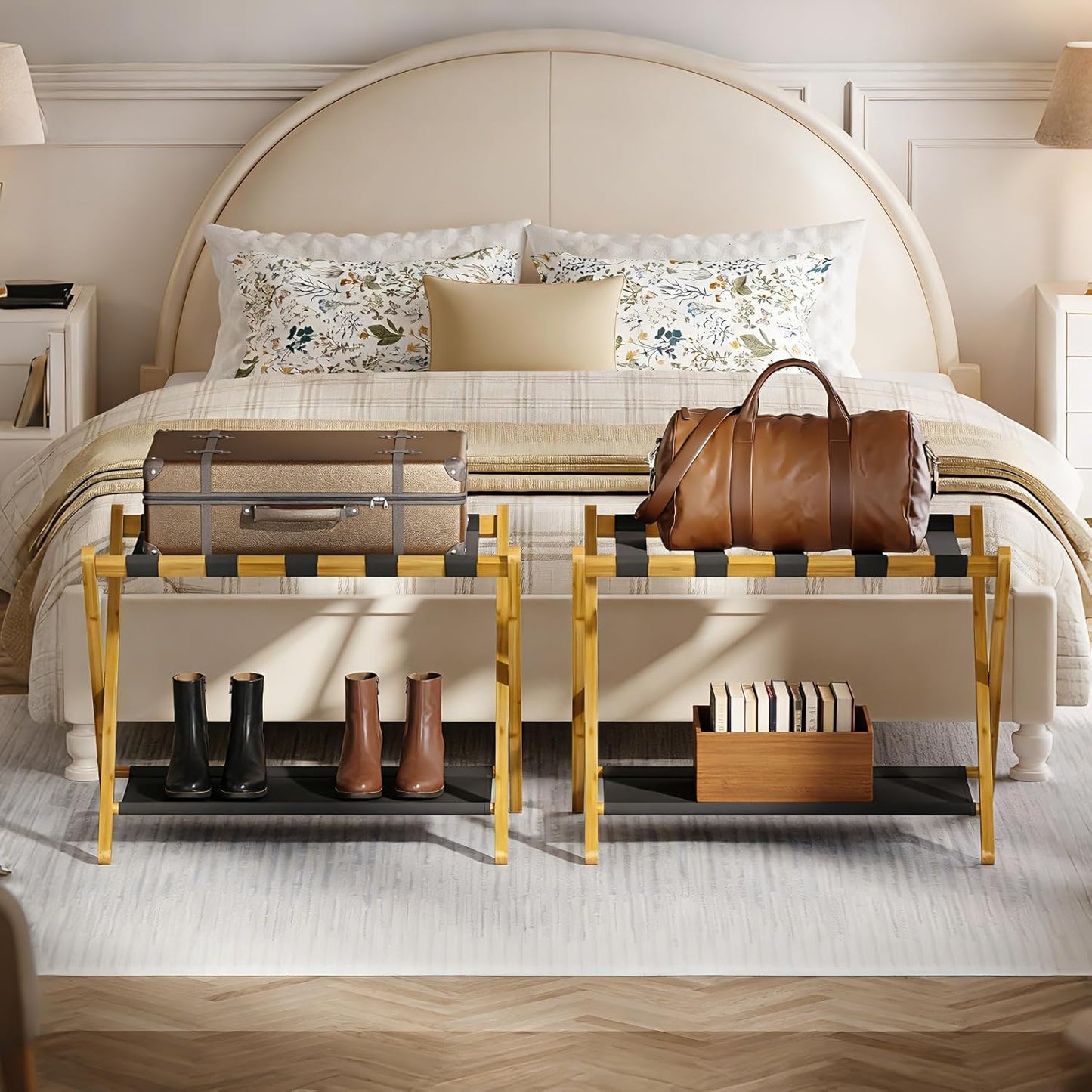 Bamboo Luggage Rack for Guest Room, 26.77" Folding Wide Suitcase Stand with Fabric Storage Shelf, Thickened Luggage Stand Holder for Bedroom Hotel, Luggage Rack for Suitcases (1 Pack - Natural)
