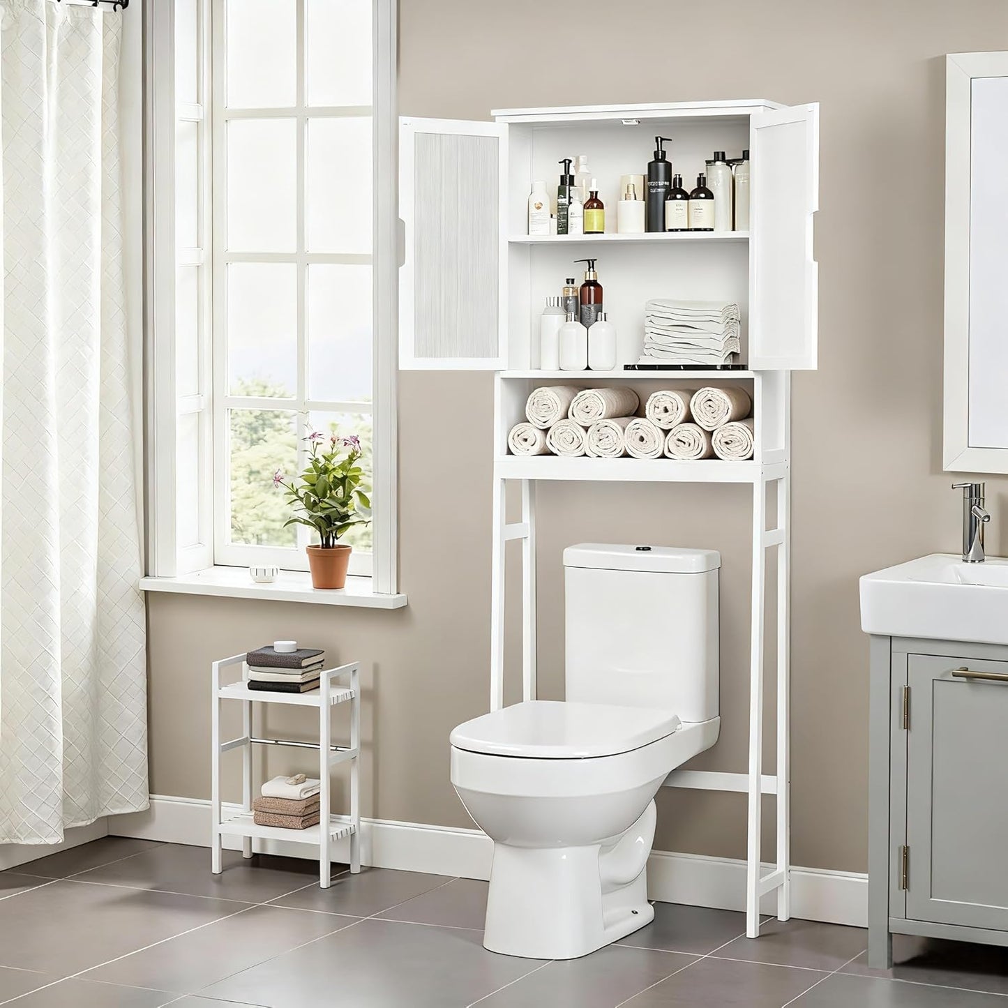 Over The Toilet Storage Cabinet, Bamboo Bathroom Over Toilet Storage Organizer with Adjustable Shelves and Double Doors, Above Toilet Storage Cabinet (White)