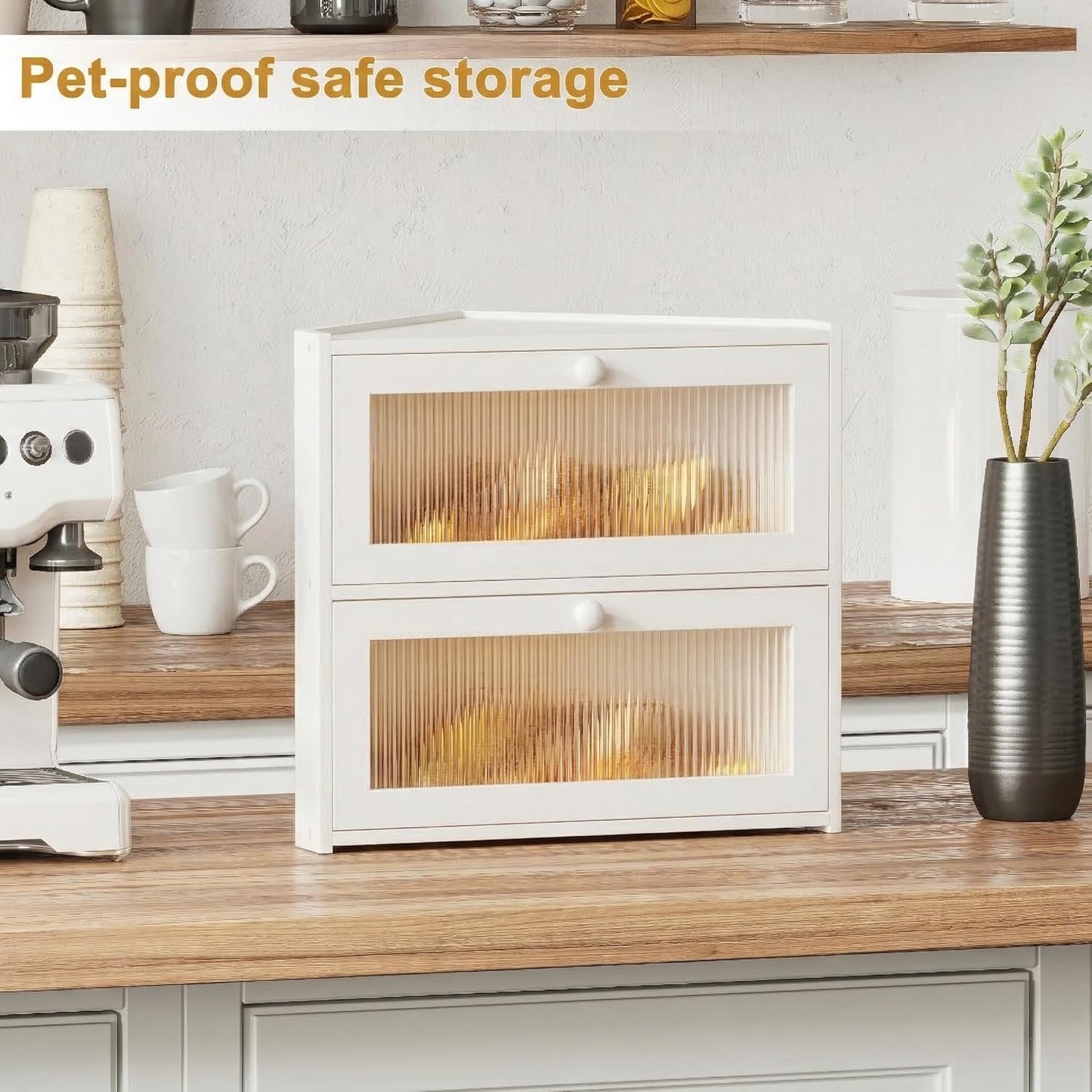 Corner Bread Box for Kitchen Countertop, Double Layer Bamboo Bread Storage Container with Wavy Windows, Farmhouse Large Bread Bin, Wooden Breadbox Holder for Homemade Bread (White)