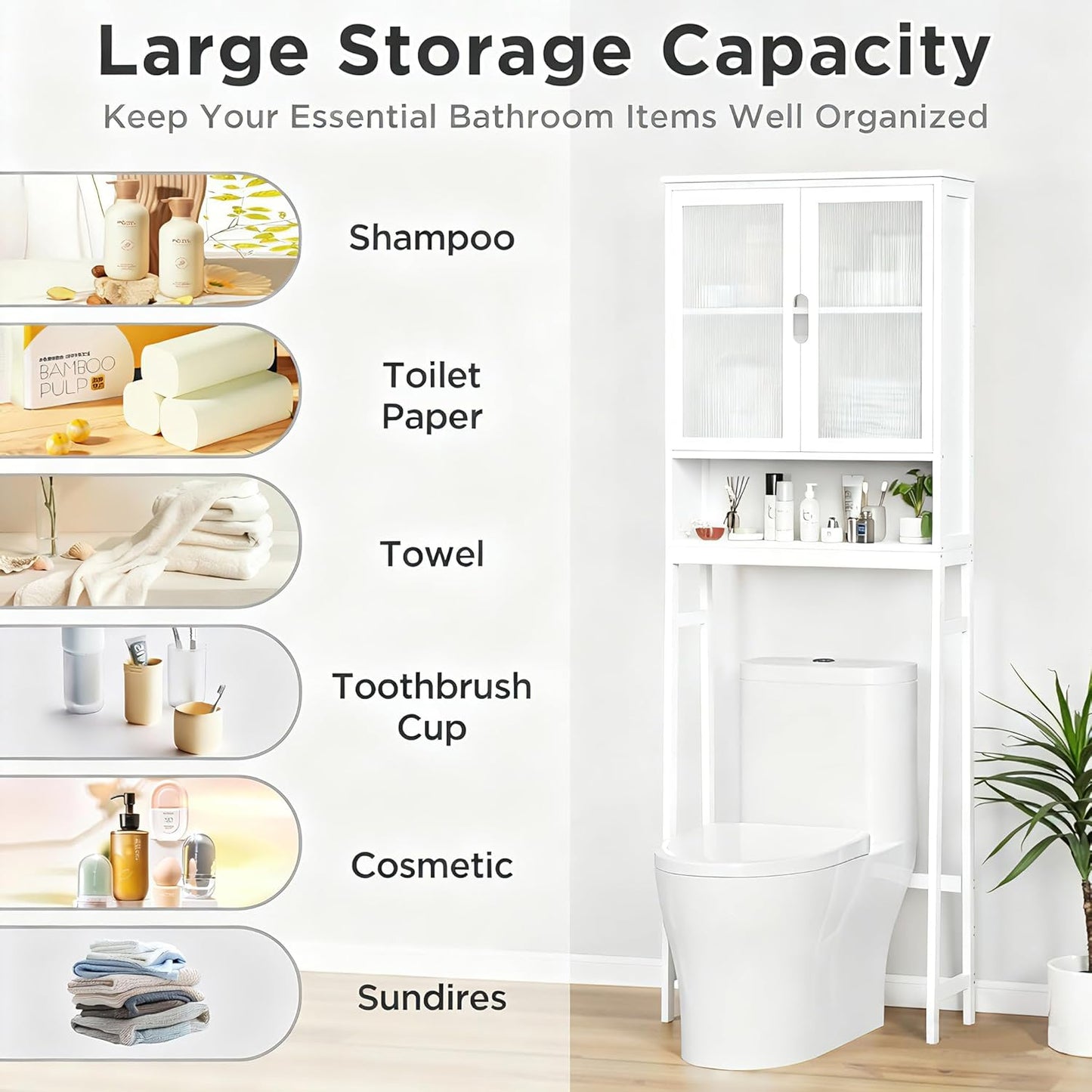 Over The Toilet Storage Cabinet, Bamboo Bathroom Over Toilet Storage Organizer with Adjustable Shelves and Double Doors, Above Toilet Storage Cabinet (White)