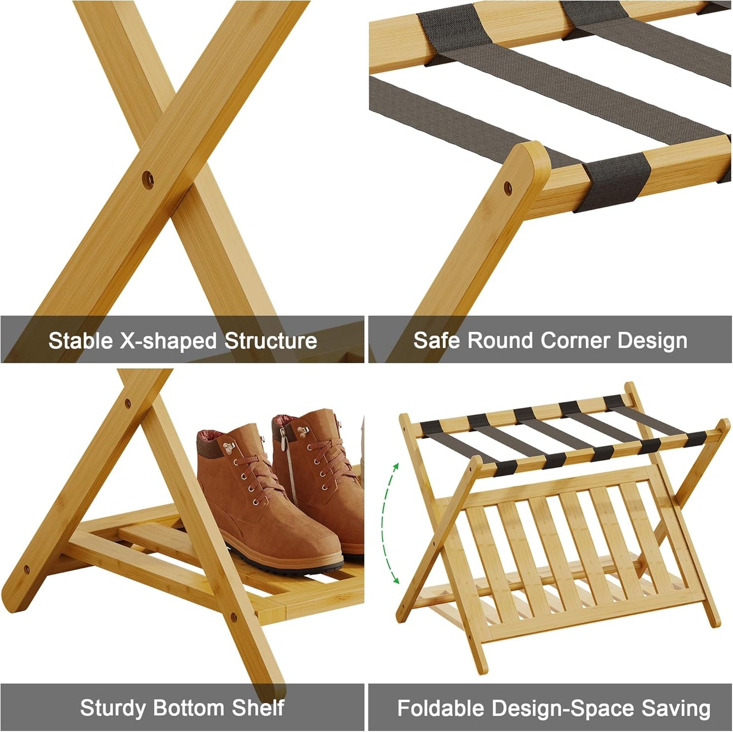 Full Assembled Luggage Rack Set of 2, Bamboo Luggage Holder Rack for Guest Room, 26.77" L Folding Suitcase Stand with 5 Nylon Straps & Storage Shelf for Bedroom Hotel (2 Pack - Natural)