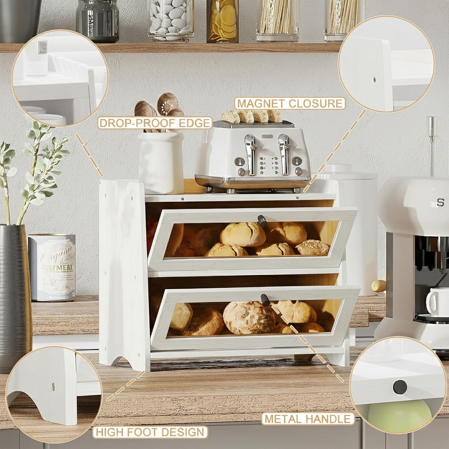 Bread Box for Kitchen Countertop, Extra Large Bamboo Bread Storage Container for Homemade Bread, Double Layer Sourdough Breadox, Bread Bin Organizer for Counter Cabinet Pantry, White
