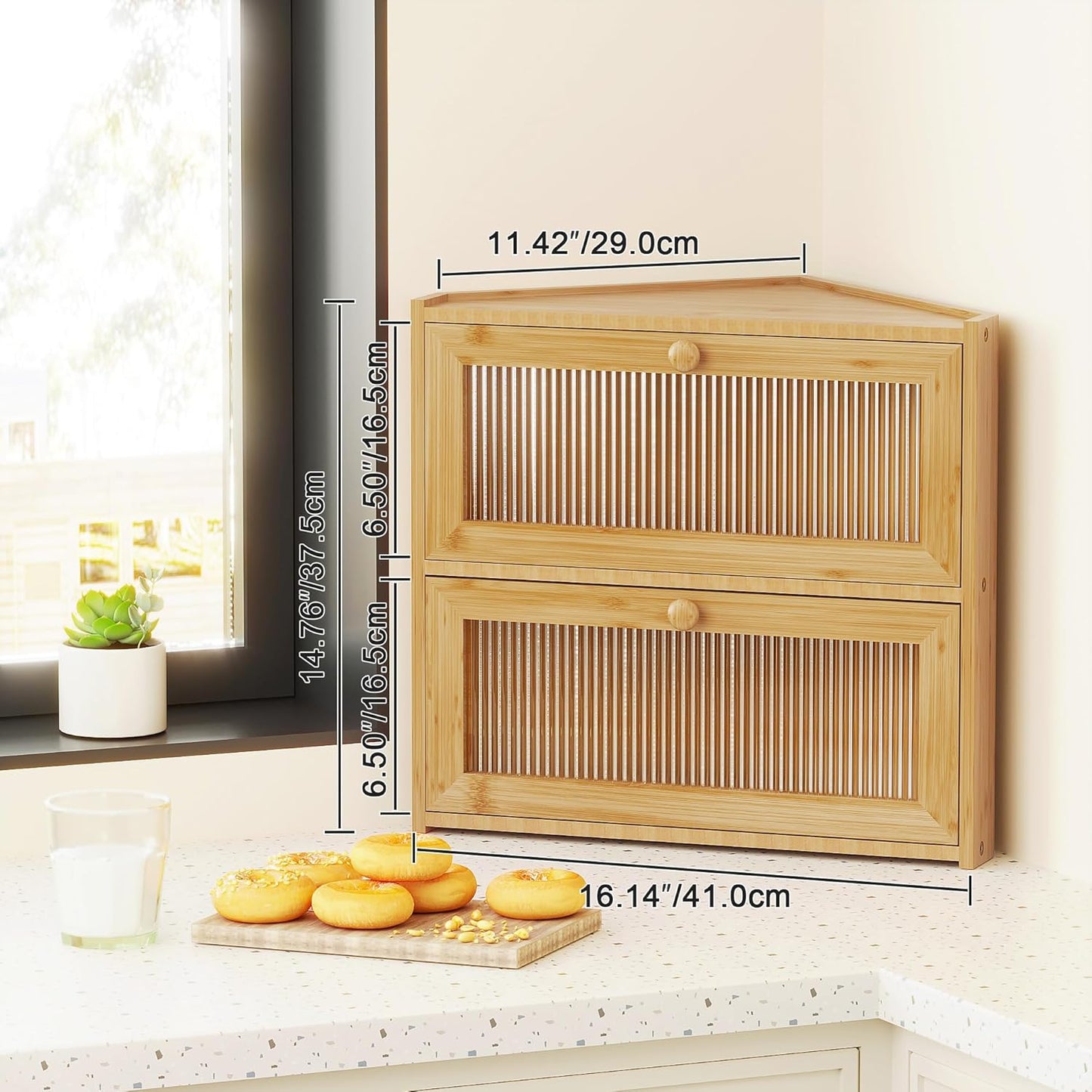 Corner Bread Box for Kitchen Countertop, Double Layer Bamboo Bread Storage Container with Wavy Windows, Farmhouse Large Bread Bin, Wooden Breadbox Holder for Homemade Bread (Natural)