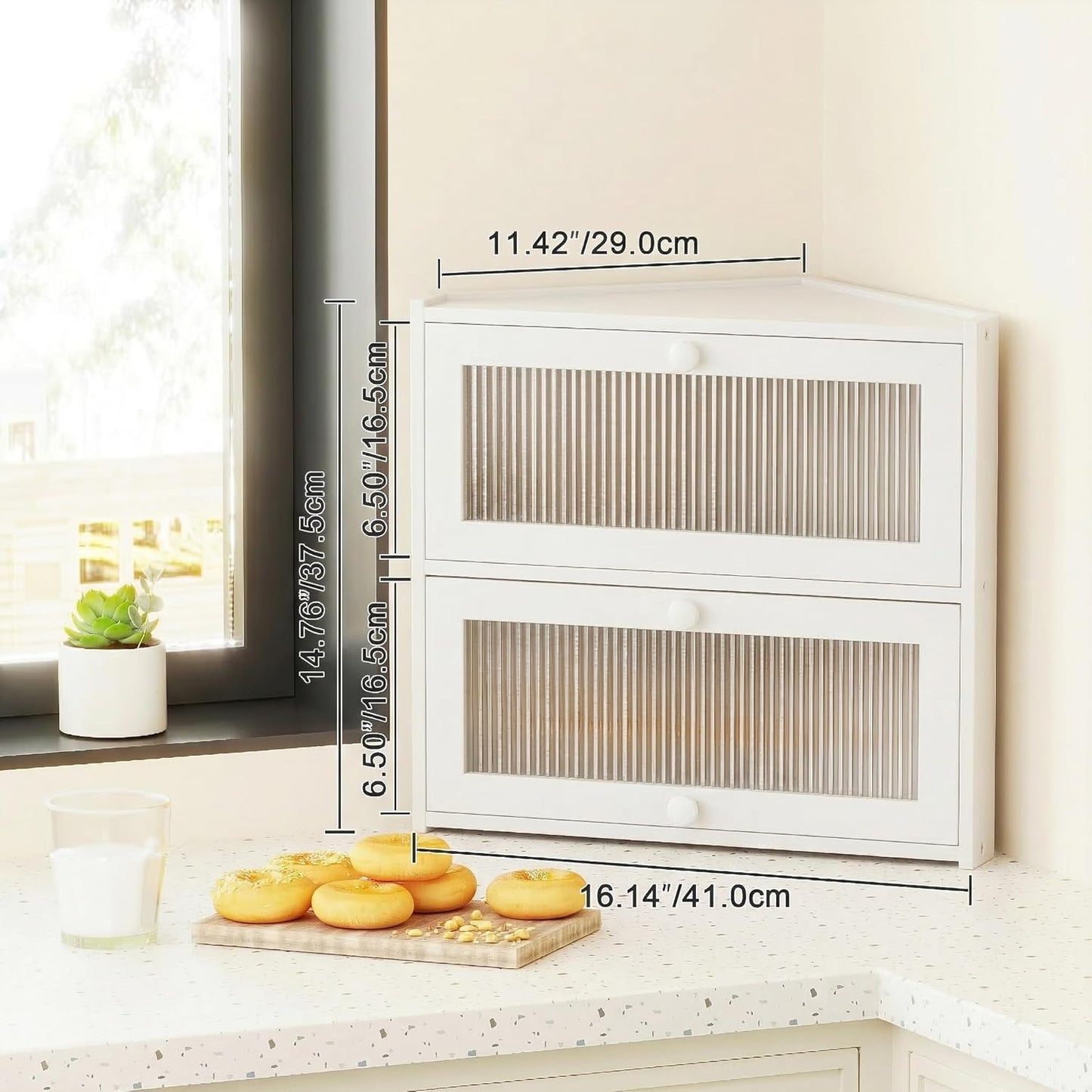 Corner Bread Box for Kitchen Countertop, Double Layer Bamboo Bread Storage Container with Wavy Windows, Farmhouse Large Bread Bin, Wooden Breadbox Holder for Homemade Bread (White)