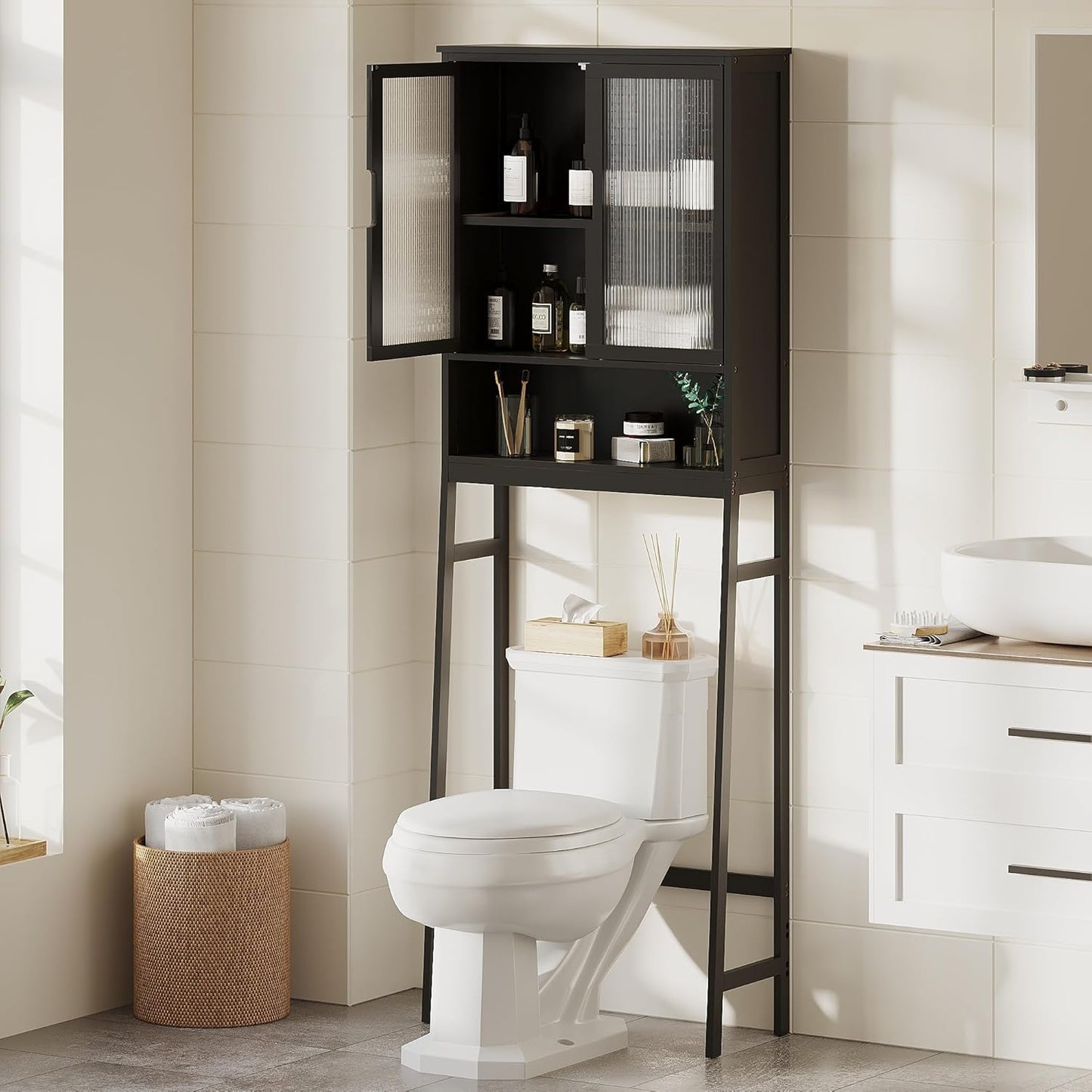 Over The Toilet Storage Cabinet, Bamboo Bathroom Over Toilet Storage Organizer with Adjustable Shelves and Double Doors, Above Toilet Storage Cabinet (Black)