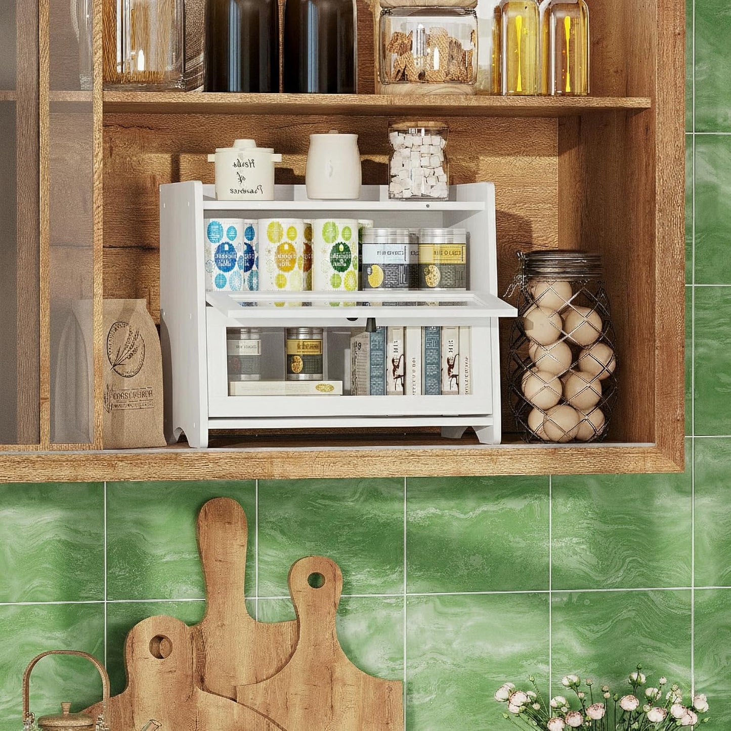 Bread Box for Kitchen Countertop, Extra Large Bamboo Bread Storage Container for Homemade Bread, Double Layer Sourdough Breadox, Bread Bin Organizer for Counter Cabinet Pantry, White