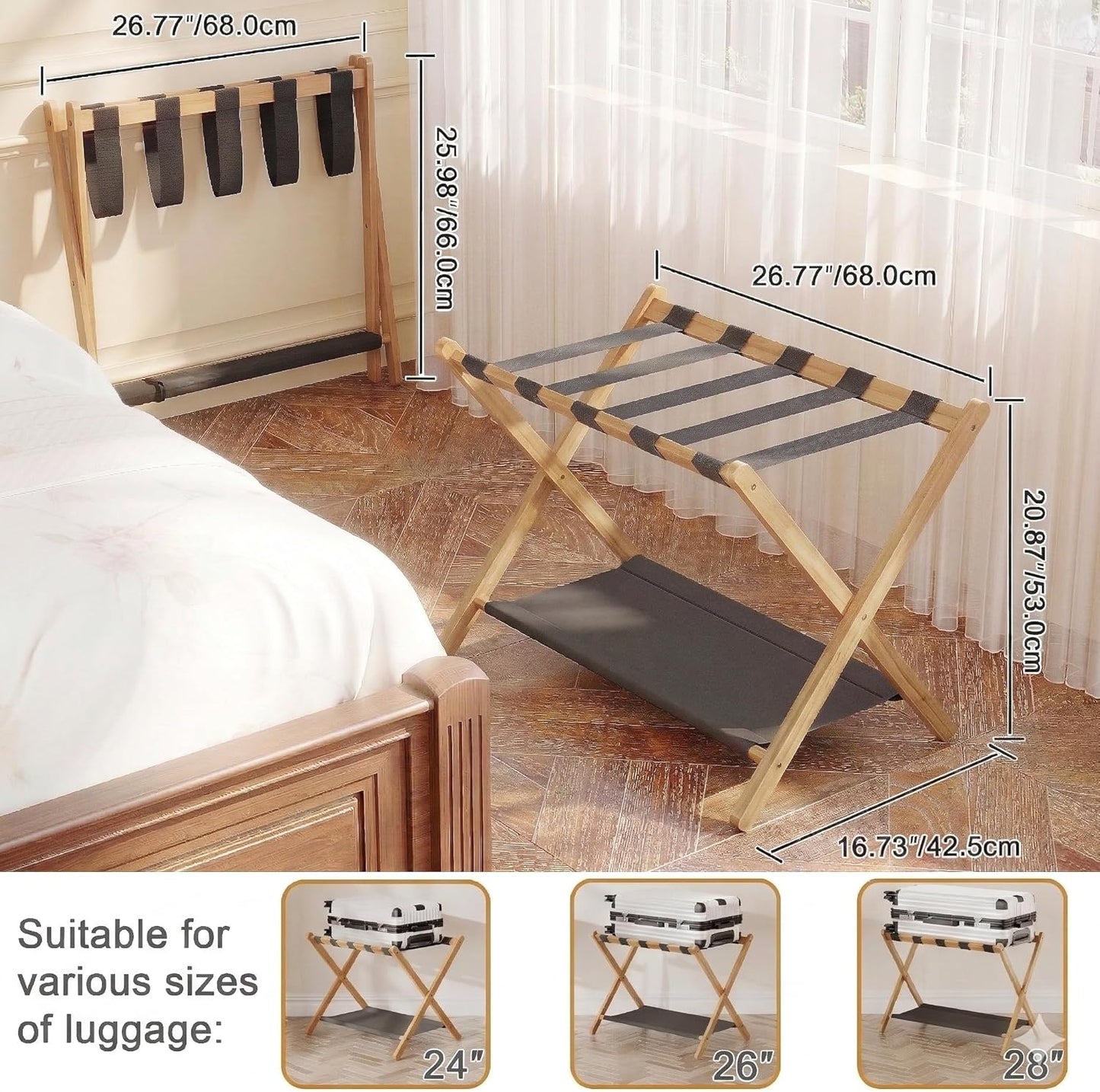 2 Pack Bamboo Luggage Rack for Guest Room, 26.77" Folding Wide Suitcase Stand with Fabric Storage Shelf, Thickened Luggage Stand Holder for Bedroom Hotel, Luggage Rack for Suitcases (2 Pack - Tea brown)