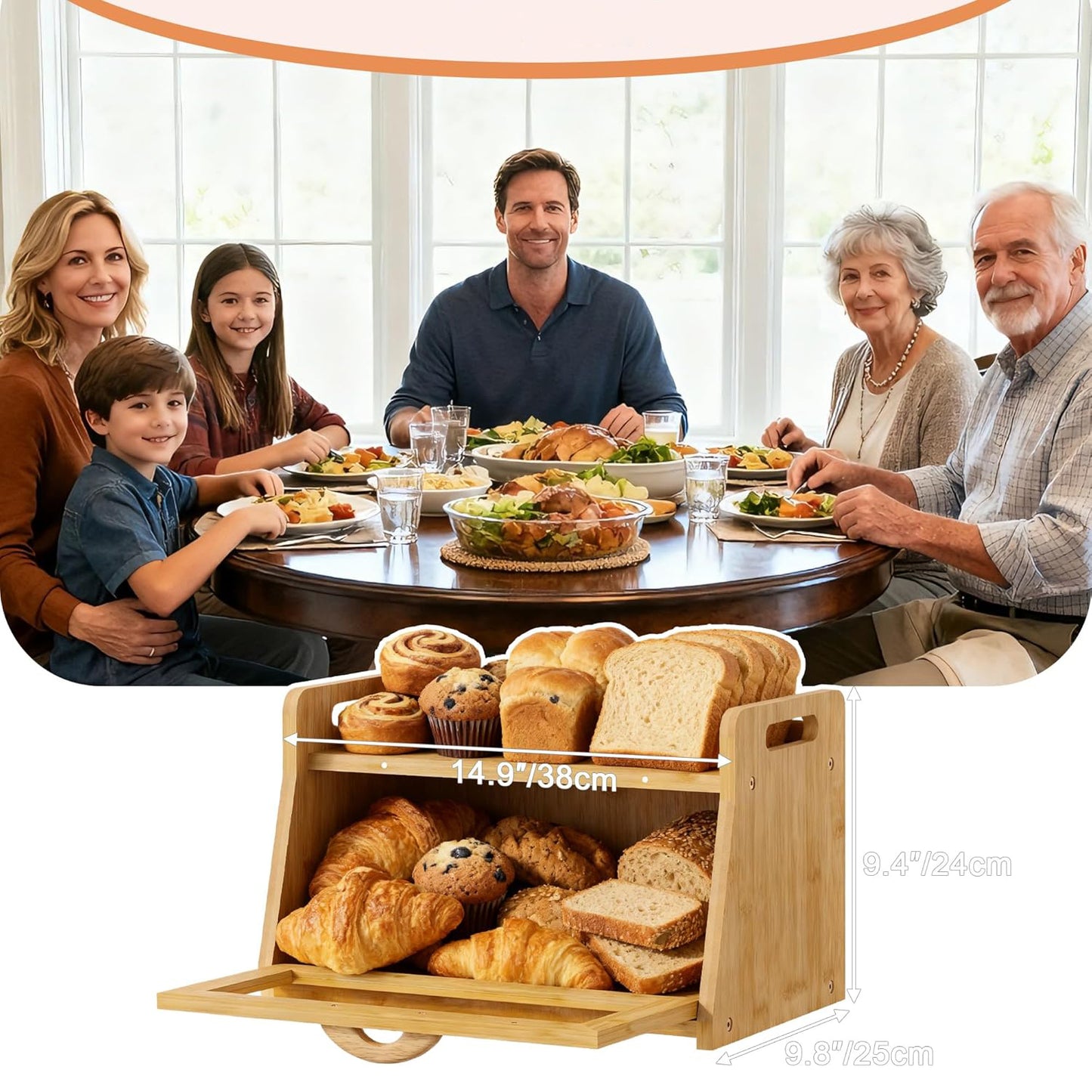 Extra Large Bread Box, Bread Box for Homemade Bread, Bamboo Wooden Bread Storage Container with Tool Holder & Handles & Window, Assembly Required(14.9" x 9.8" x 9.4") Natural
