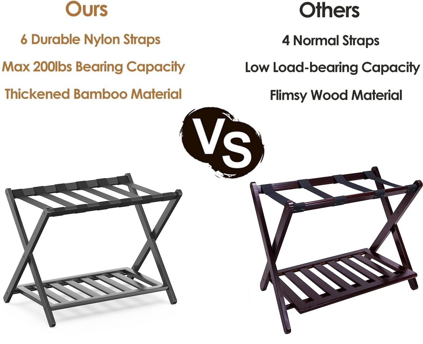 2 Pack Bamboo Luggage Rack for Guest Room, 26.77" Folding Wide Suitcase Stand with Storage Shelf, Thickened Luggage Stand Holder for Bedroom Hotel, Luggage Rack for Suitcases (Black)