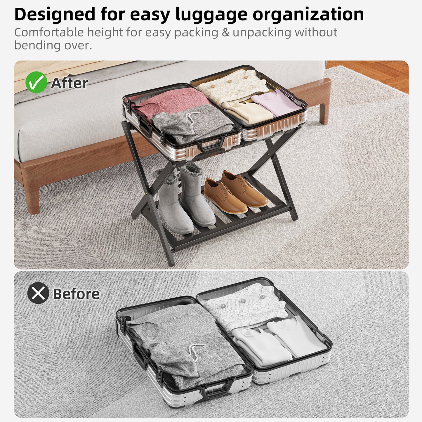 Bamboo Luggage Rack for Guest Room, Wide Suitcase Stand with Storage Shelf, Folding Luggage Stand Holder for Bedroom Hotel, 26.77" Thickened Luggage Rack for Suitcases, Black