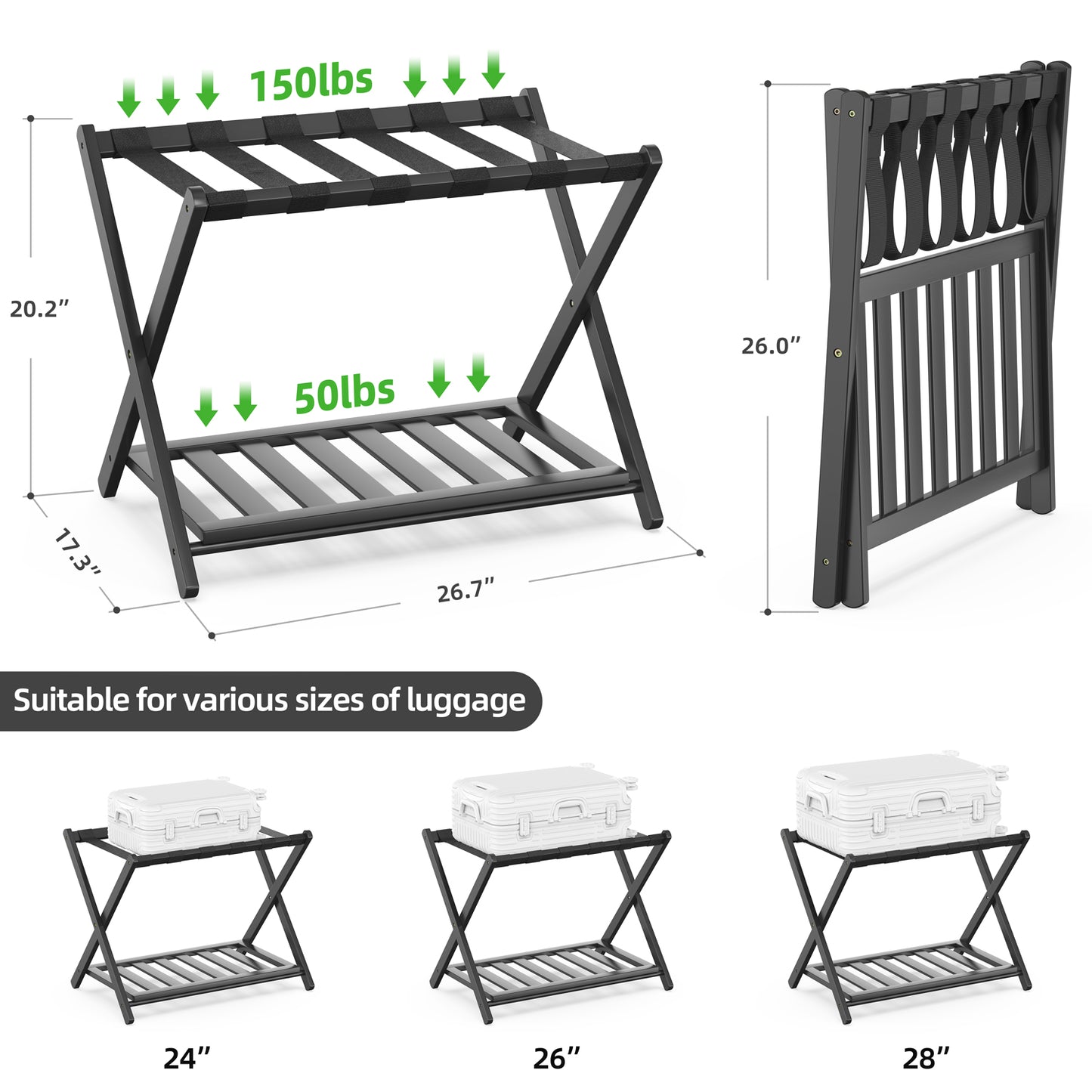 2 Pack Bamboo Luggage Rack for Guest Room, 26.77" Folding Wide Suitcase Stand with Storage Shelf, Thickened Luggage Stand Holder for Bedroom Hotel, Luggage Rack for Suitcases (Black)