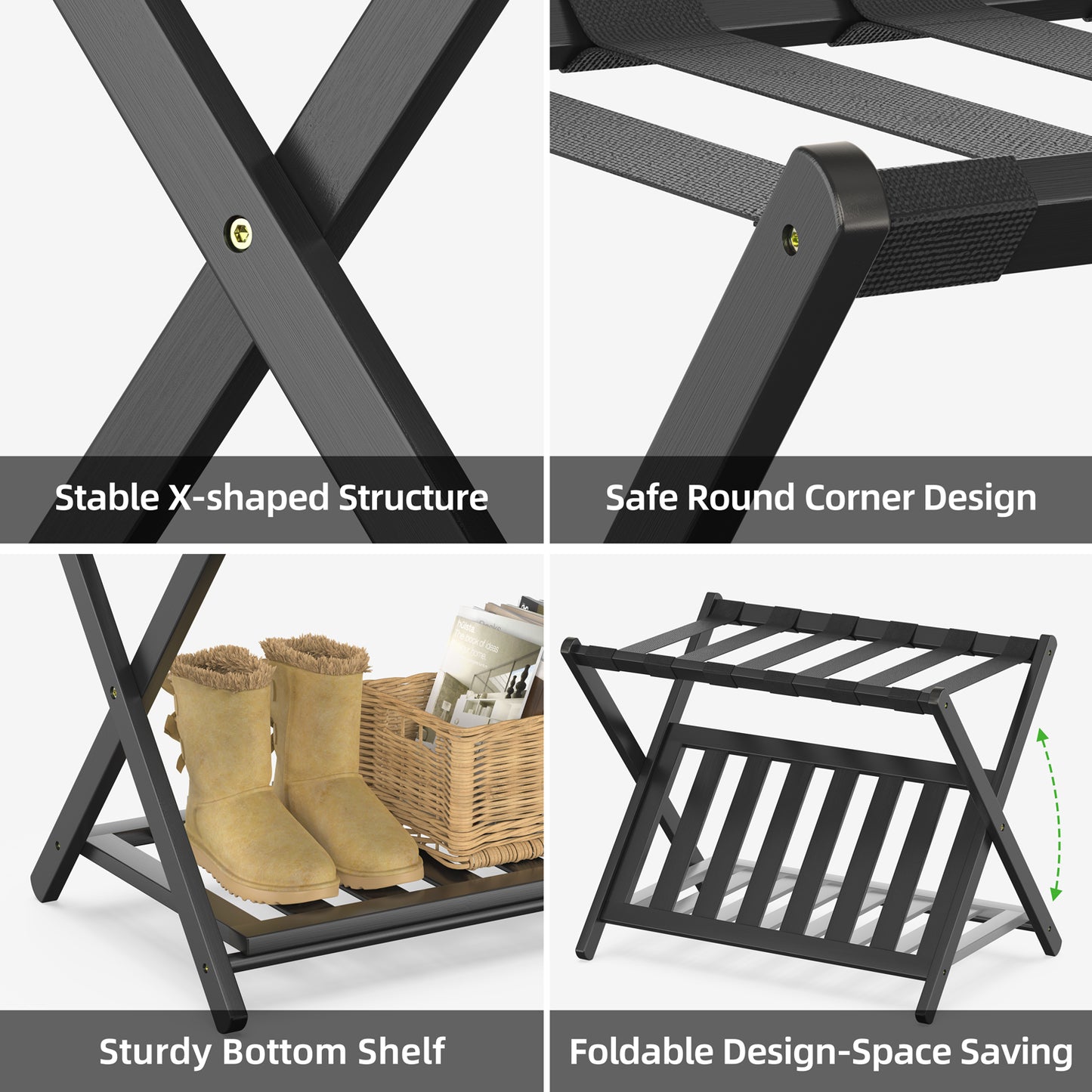 Bamboo Luggage Rack for Guest Room, Wide Suitcase Stand with Storage Shelf, Folding Luggage Stand Holder for Bedroom Hotel, 26.77" Thickened Luggage Rack for Suitcases, Black