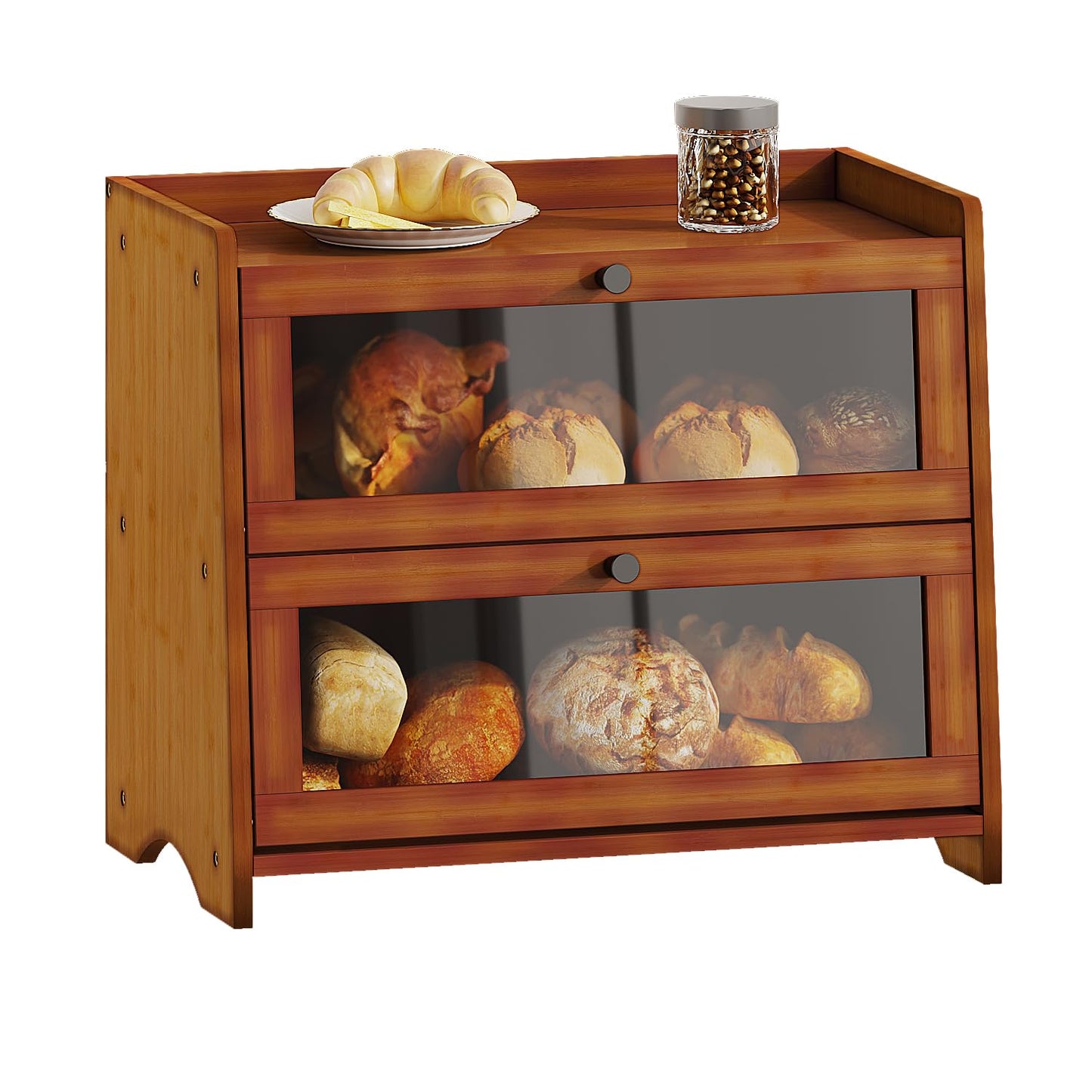 Bread Box for Kitchen Countertop, Extra Large Bamboo Bread Storage Container for Homemade Bread, Double Layer Sourdough Breadox, Bread Bin Organizer for Counter Cabinet Pantry, Brown