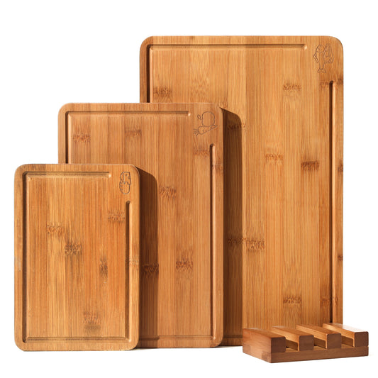 Bamboo Cutting Board for Kitchen with Juice Groove, End-Grain Butcher Block Chopping Boards, Checkered Wooden Cutting Boards Set of 3 with Stand, Knife-Friendly, Serving Tray (Copy)