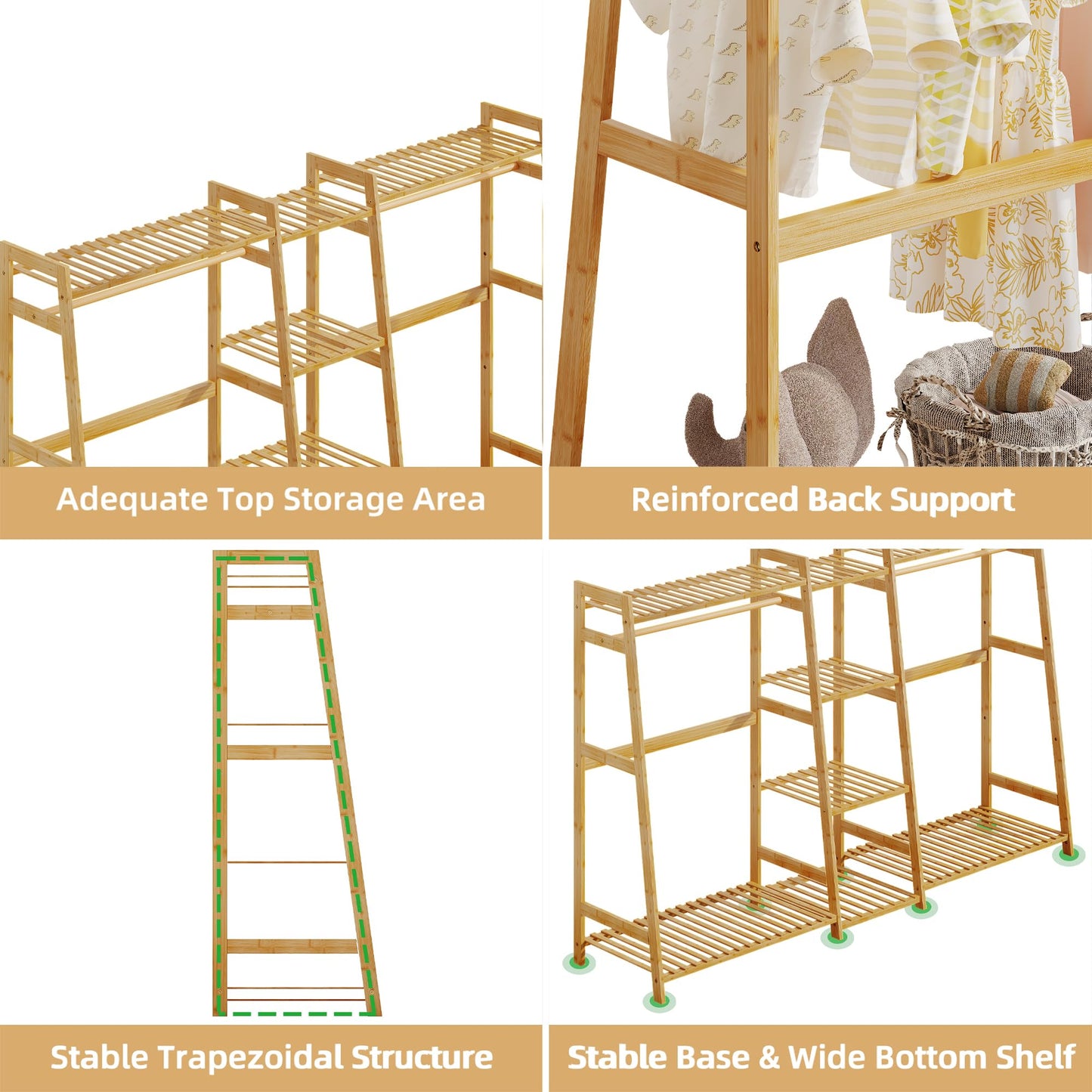 Bamboo Kids Clothing Rack with Shelves - Large Size