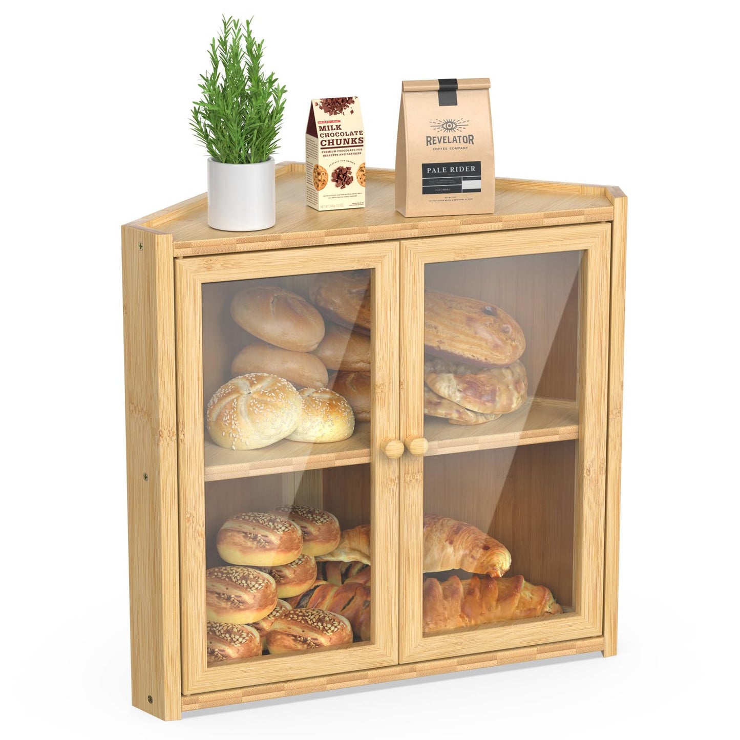 Bread Box, Double Layer Bamboo Bread Bin for Homemade Bread Bakers and Corner Kitchen Countertop with Double Doors, Not Suitable for Oversized Loaves, Natural
