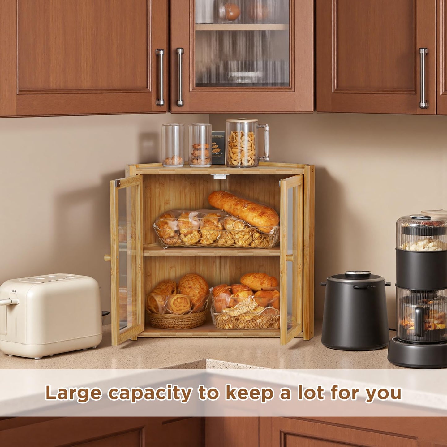 Bread Box, Double Layer Bamboo Bread Bin for Homemade Bread Bakers and Corner Kitchen Countertop with Double Doors, Not Suitable for Oversized Loaves, Natural