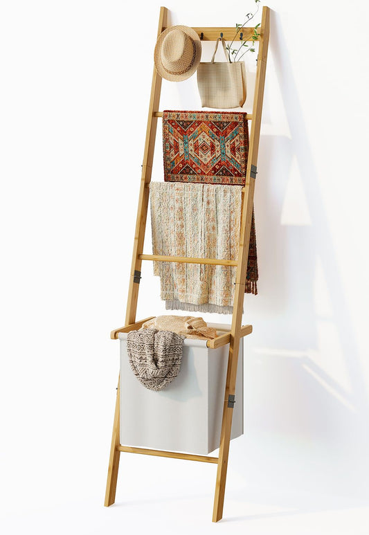 Bamboo Blanket Ladder with Basket, 5-Tier Quilt Rack Stand with 4 Hooks & Storage Hamper for Living Room Bathroom, Wall Leaning Decorative Ladder Shelf for Blankets Display (Natural)