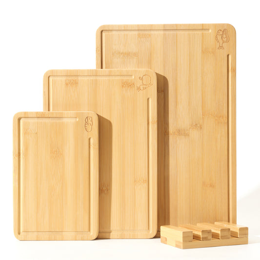 Bamboo Cutting Board for Kitchen with Juice Groove, End-Grain Butcher Block Chopping Boards, Checkered Wooden Cutting Boards Set of 3 with Stand, Knife-Friendly, Serving Tray (Copy) (Copy)