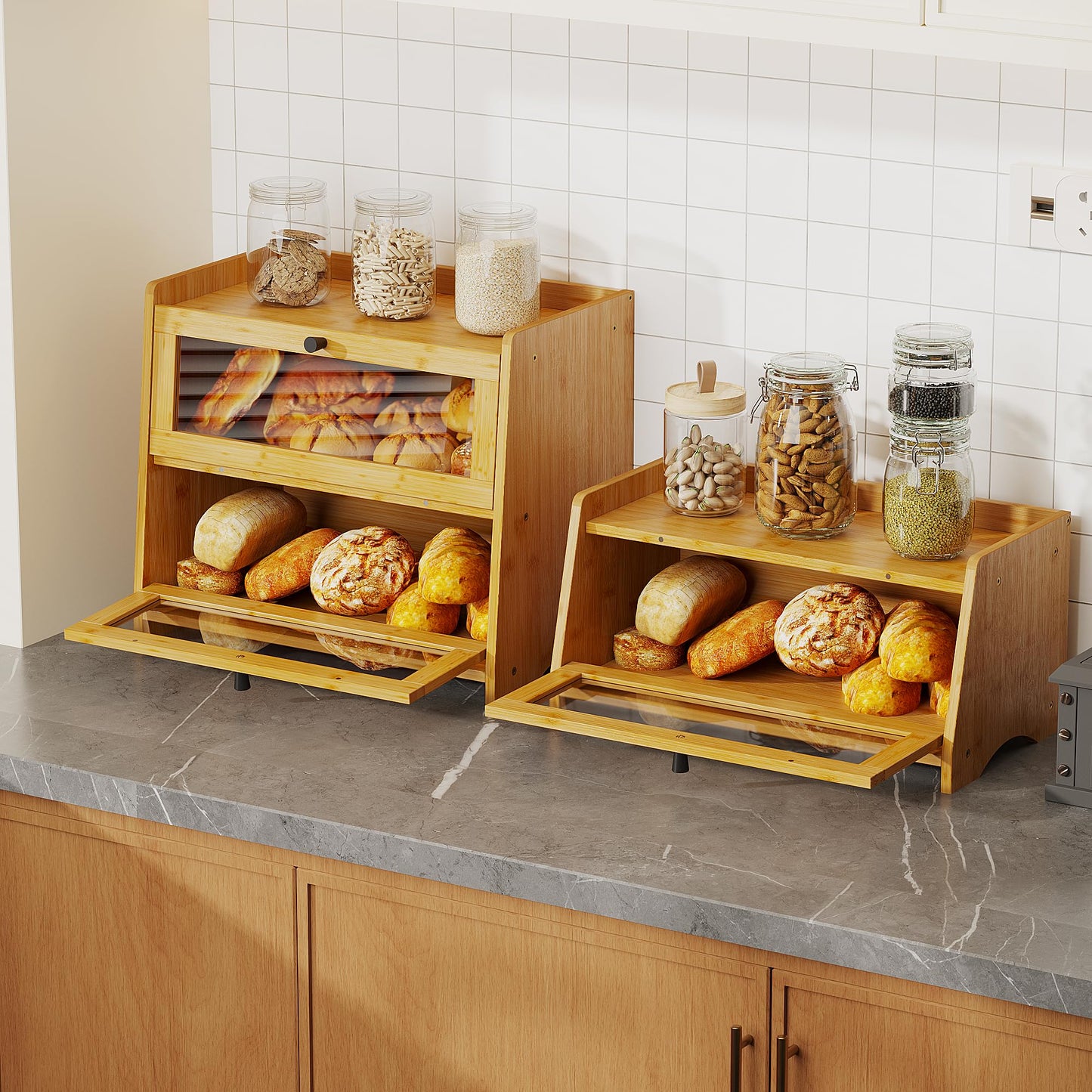 Bread Box for Kitchen Countertop, Extra Large Bamboo Bread Storage Container for Homemade Bread, Double Layer Sourdough Breadox, Bread Bin Organizer for Counter Cabinet Pantry, Natural