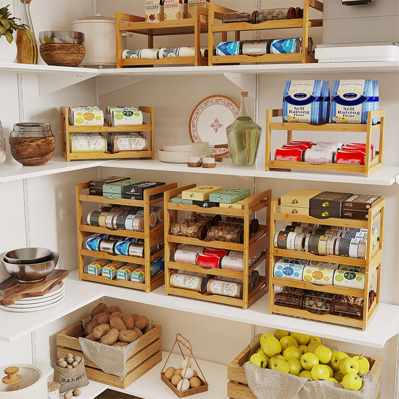 Can Organizer for Pantry, Detachable Bamboo 4 Tier Stackable Can Storage Rack, Rolling Soda Can Dispenser Can Holders for Cabinet, Holds Up to 48 Cans