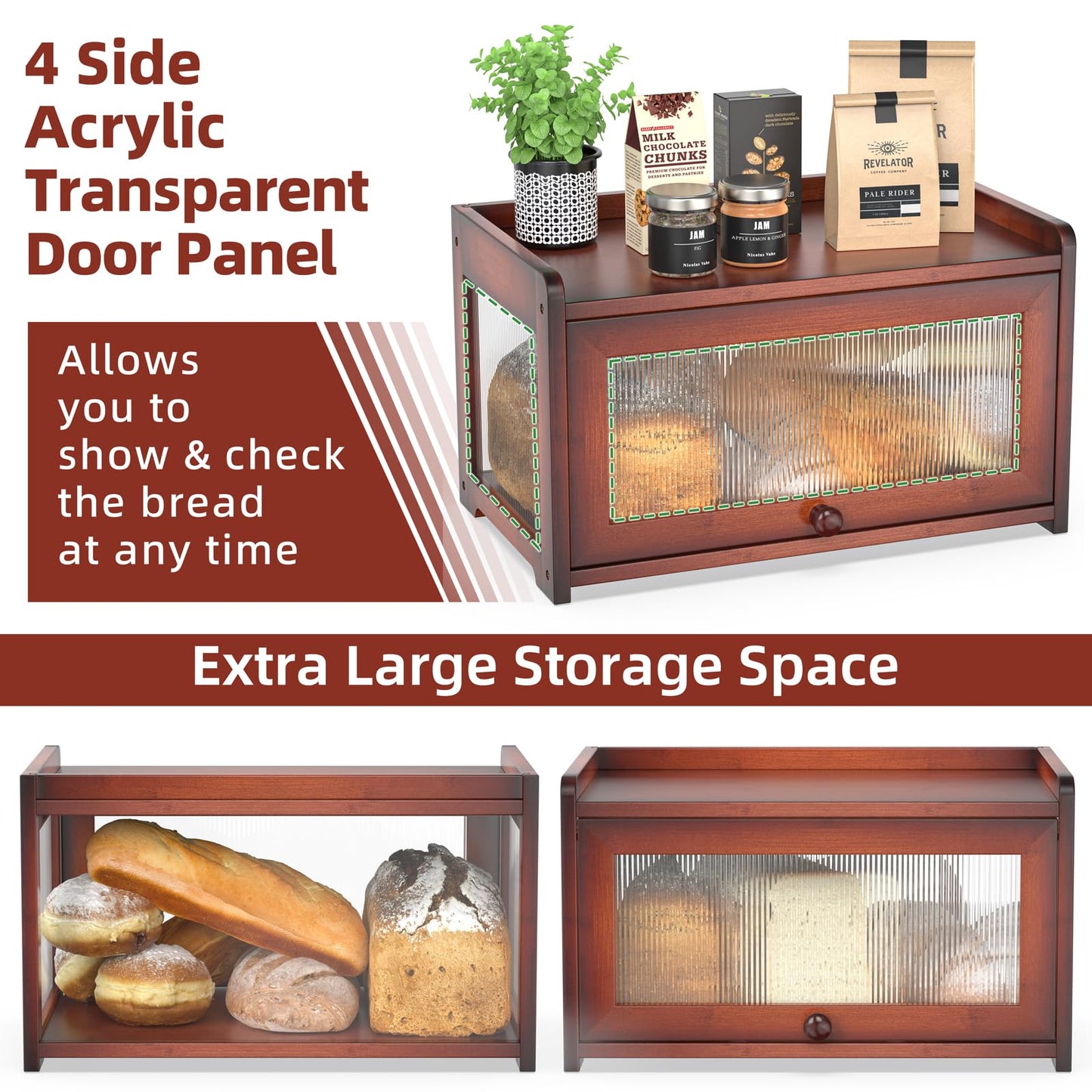 Bamboo Bread Box for Kitchen Countertop, Extra Large Farmhouse Bread Box with 4-Side Clear Panels, Wooden Bread Storage Container for Homemade Bread, Brown