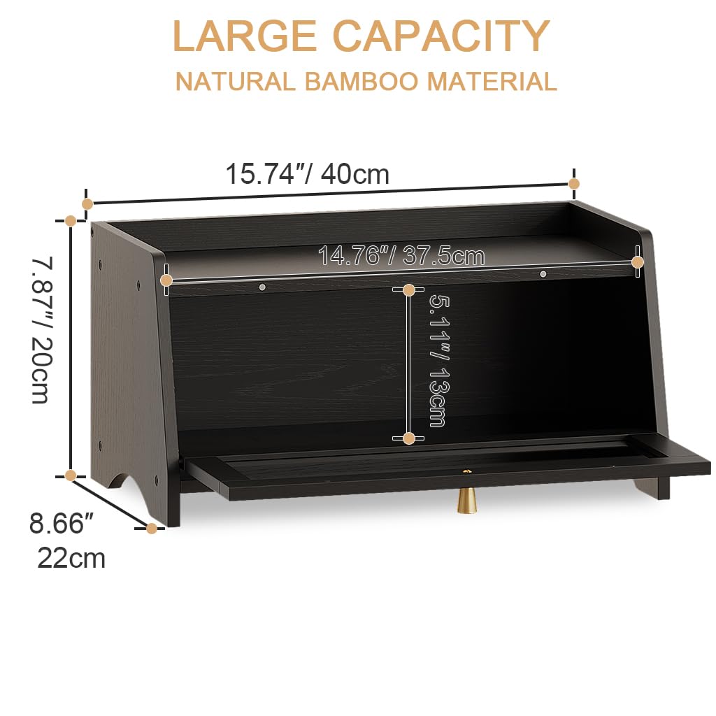 Bread Box for Kitchen Countertop, Bamboo Bread Box for Homemade Bread, Wooden Farmhouse Bread Storage Container, Small Breadbox Bread Bin Organizer for Counter Cabinet Pantry, Black