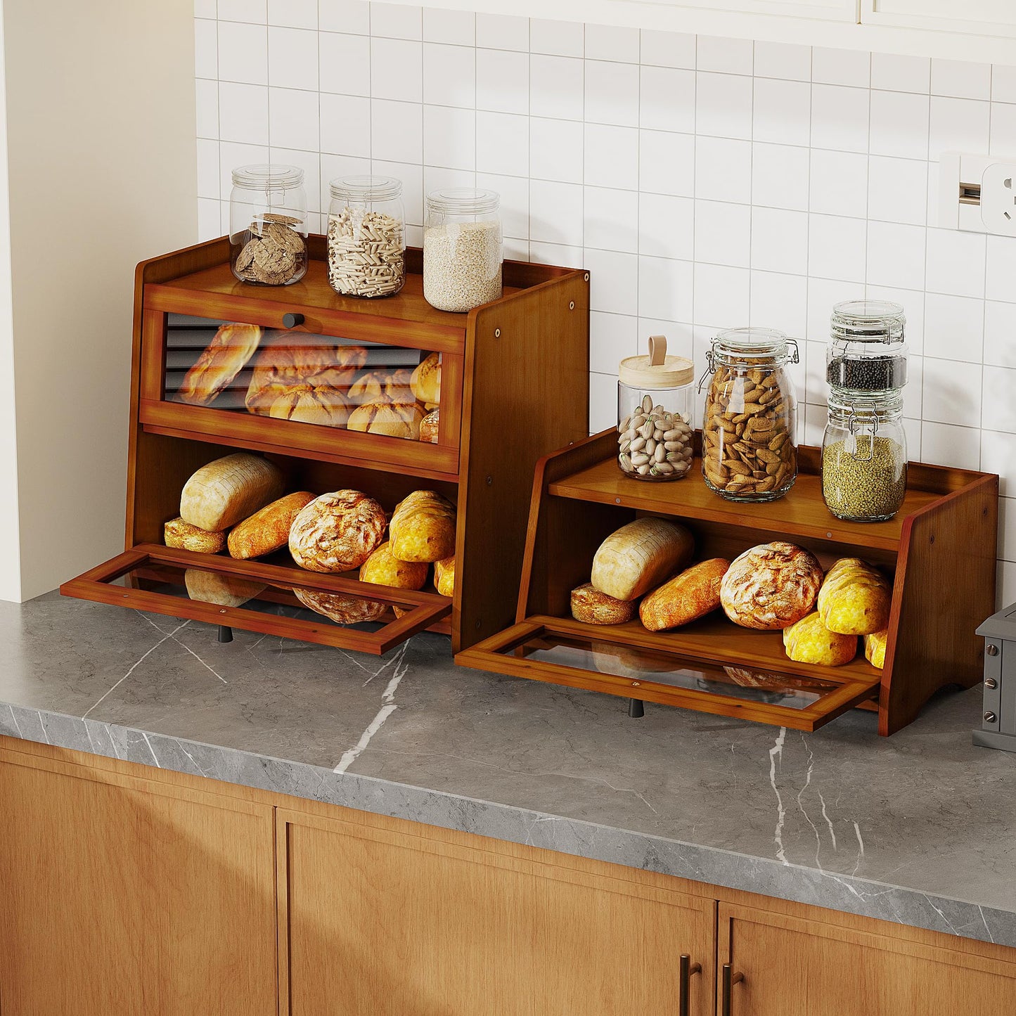 Bread Box for Kitchen Countertop, Bamboo Bread Box for Homemade Bread, Wooden Farmhouse Bread Storage Container, Small Breadbox Bread Bin Organizer for Counter Cabinet Pantry, Brown
