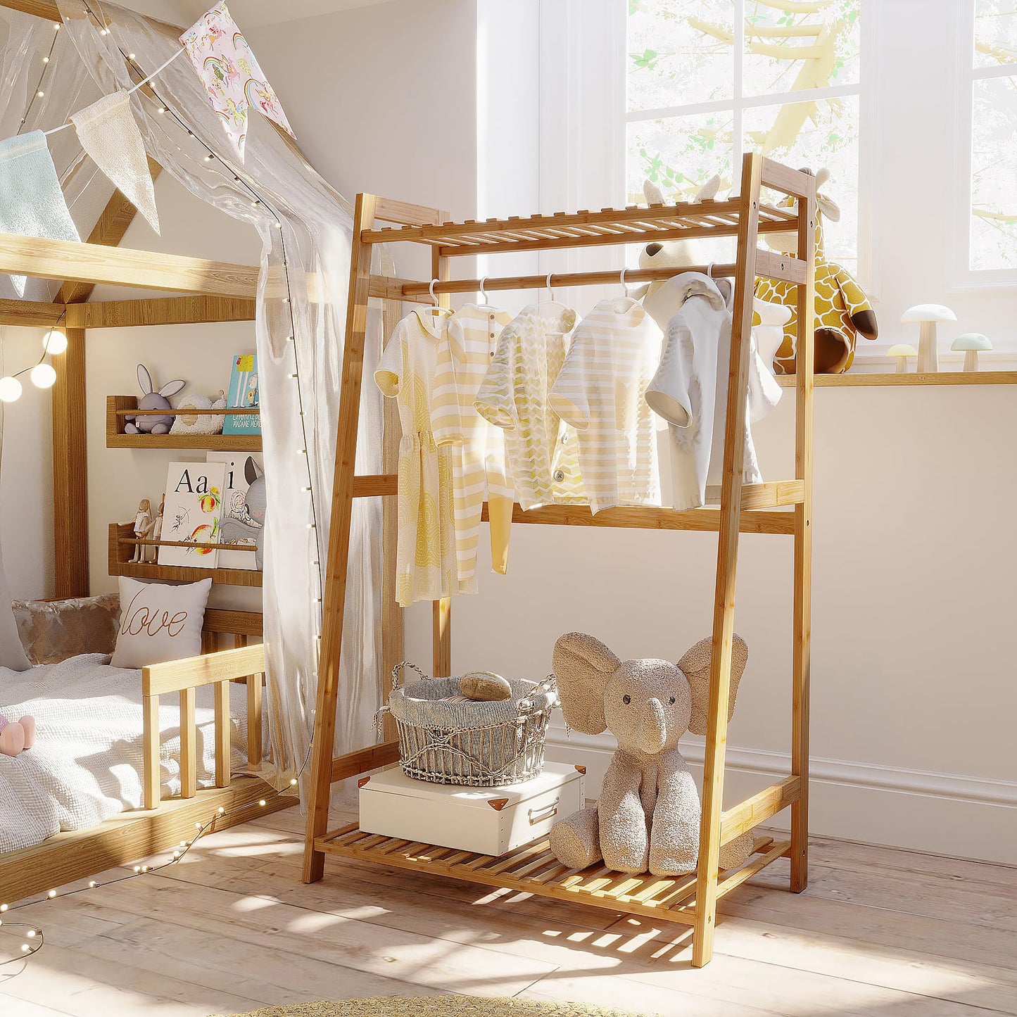 Bamboo Kids Clothing Rack with Shelves - Small Size