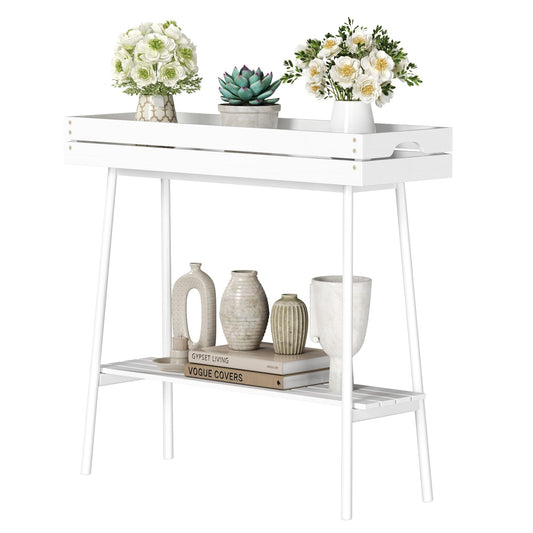 2-Tier Flower Pot Holder Rack – Tall Bamboo Plant Stand for Indoor Plants (White)