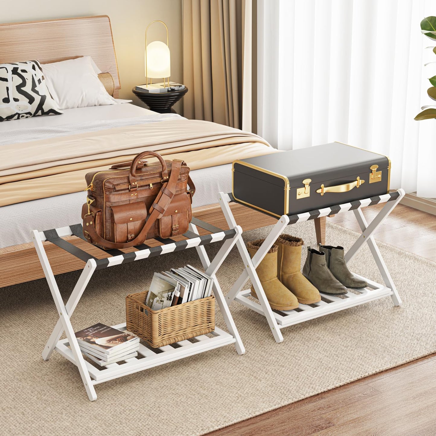 2 Pack Bamboo Luggage Rack for Guest Room, 26.77" Folding Wide Suitcase Stand with Storage Shelf, Thickened Luggage Stand Holder for Bedroom Hotel, Luggage Rack for Suitcases (White)