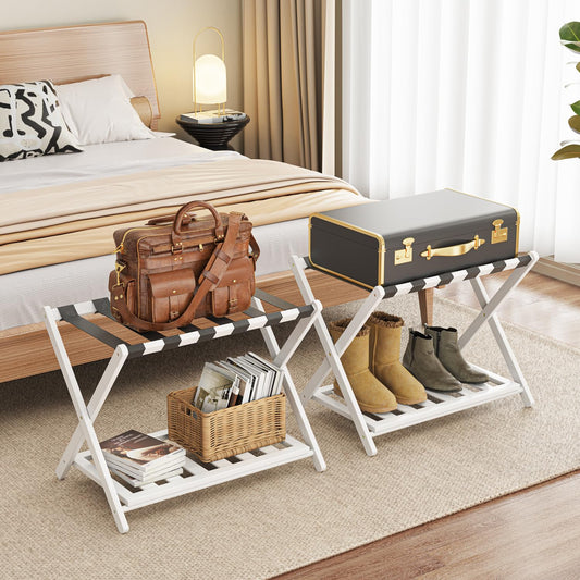2 Pack Bamboo Luggage Rack for Guest Room, 26.77" Folding Wide Suitcase Stand with Storage Shelf, Thickened Luggage Stand Holder for Bedroom Hotel, Luggage Rack for Suitcases (White)