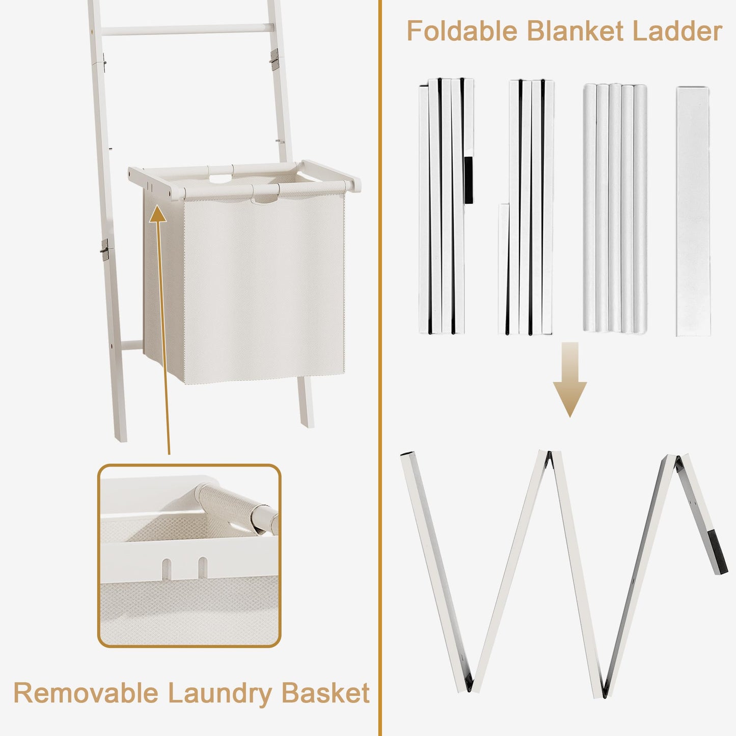 Bamboo Blanket Ladder with Basket, 5-Tier Quilt Rack Stand with 4 Hooks & Storage Hamper for Living Room Bathroom, Wall Leaning Decorative Ladder Shelf for Blankets Display (White)